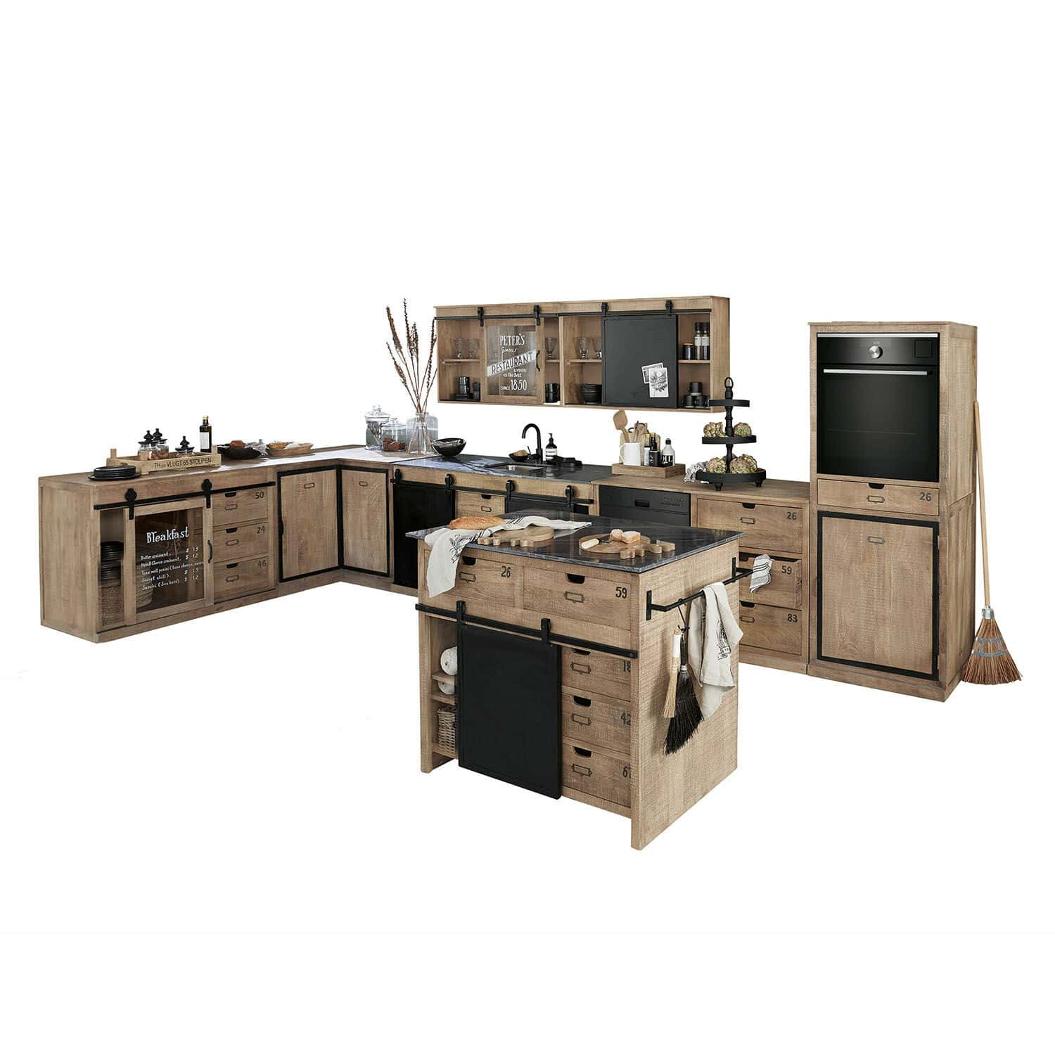 Küche 5er Set Oakland Eckküche aus hellem Holz mit schwarzen Akzenten und funktionaler Kochinsel