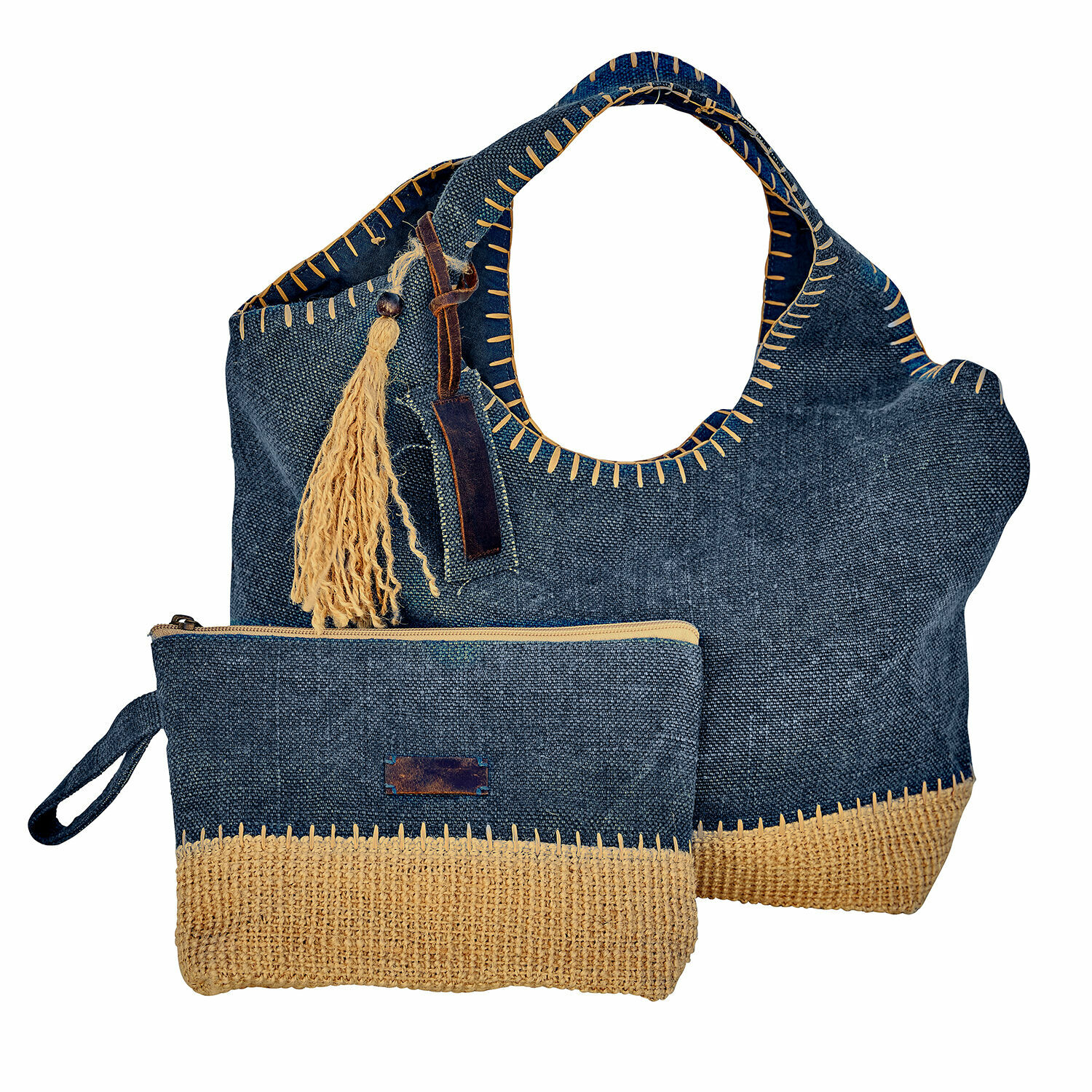 Tasche 2er Set Cacula Dunkelblaue Tasche und Kosmetiktasche aus Stoff und Stroh mit dekorativem Quastenanhänger, Boho-Stil