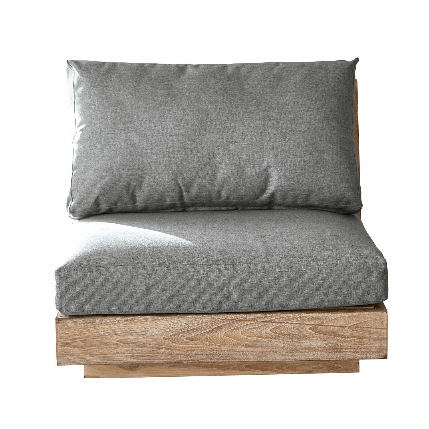 Graues Sofaelement mit Kissen auf natürlichem Holzsockel für modernes Wohnzimmer