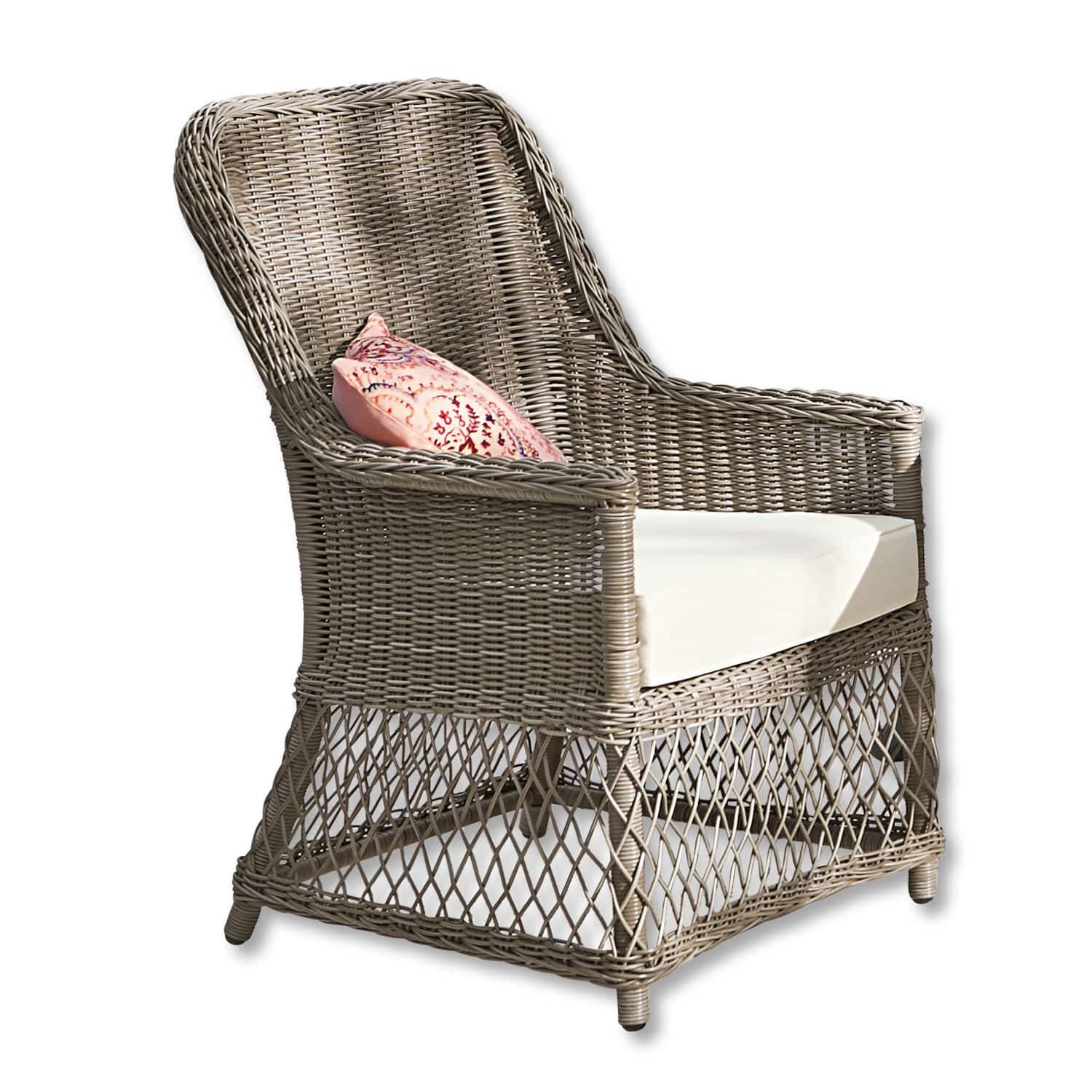Sessel Fenris Grau geflochtener Rattansessel mit weißem Sitzkissen und rosa Dekokissen, gemütliches Wohnzimmermöbel