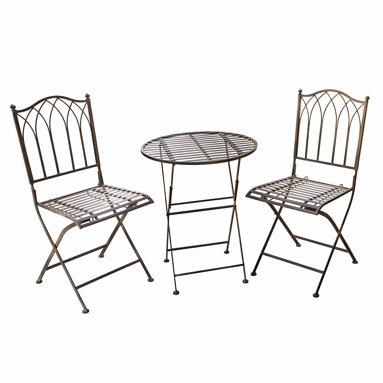 Sitzgruppe Brignoles Braunes Metall-Gartenmöbel-Set mit klappbarem runden Tisch und zwei Stühlen