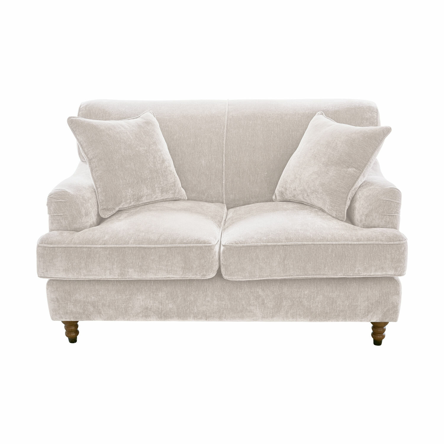 creme Cremefarbenes Sofa Isa aus weichem Stoff mit zwei Kissen und Holzbeinen für das Wohnzimmer