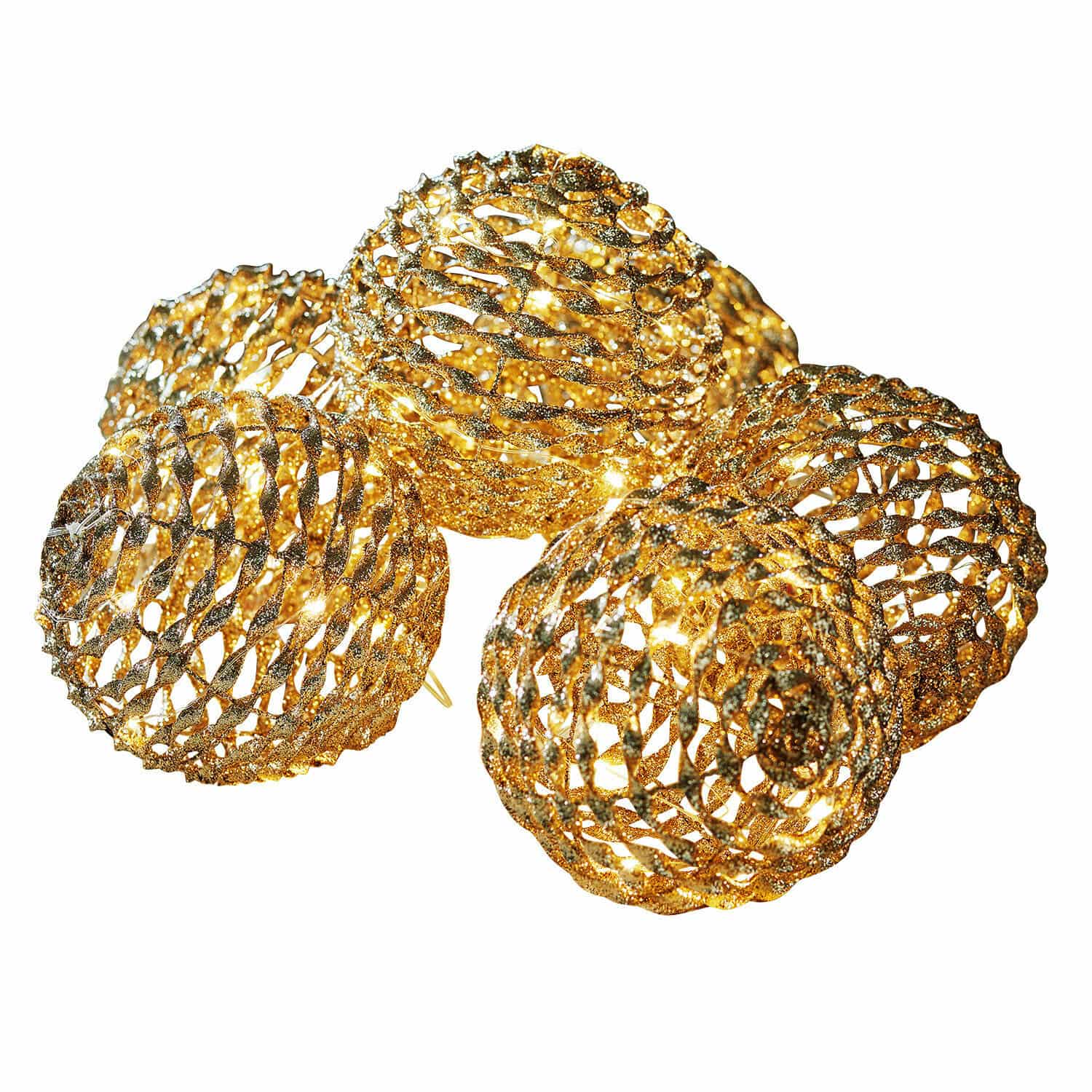 LED-Leuchtkugel 6er Set Serivane Set aus fünf goldfarbenen Metall-Dekoleuchten mit Glitzereffekt, ideal für festliche Beleuchtung
