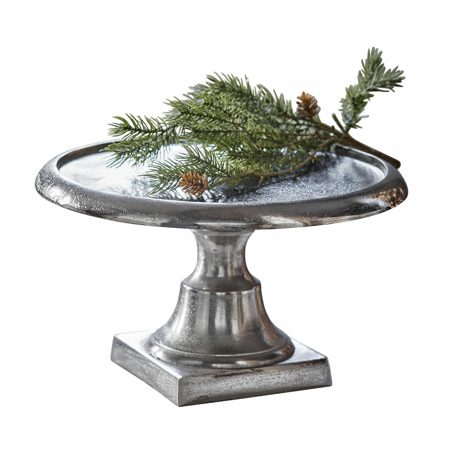 Etagere Maelora Silberner Metall-Tortenständer mit Tannenzweig-Dekor, elegantes Wohnaccessoire