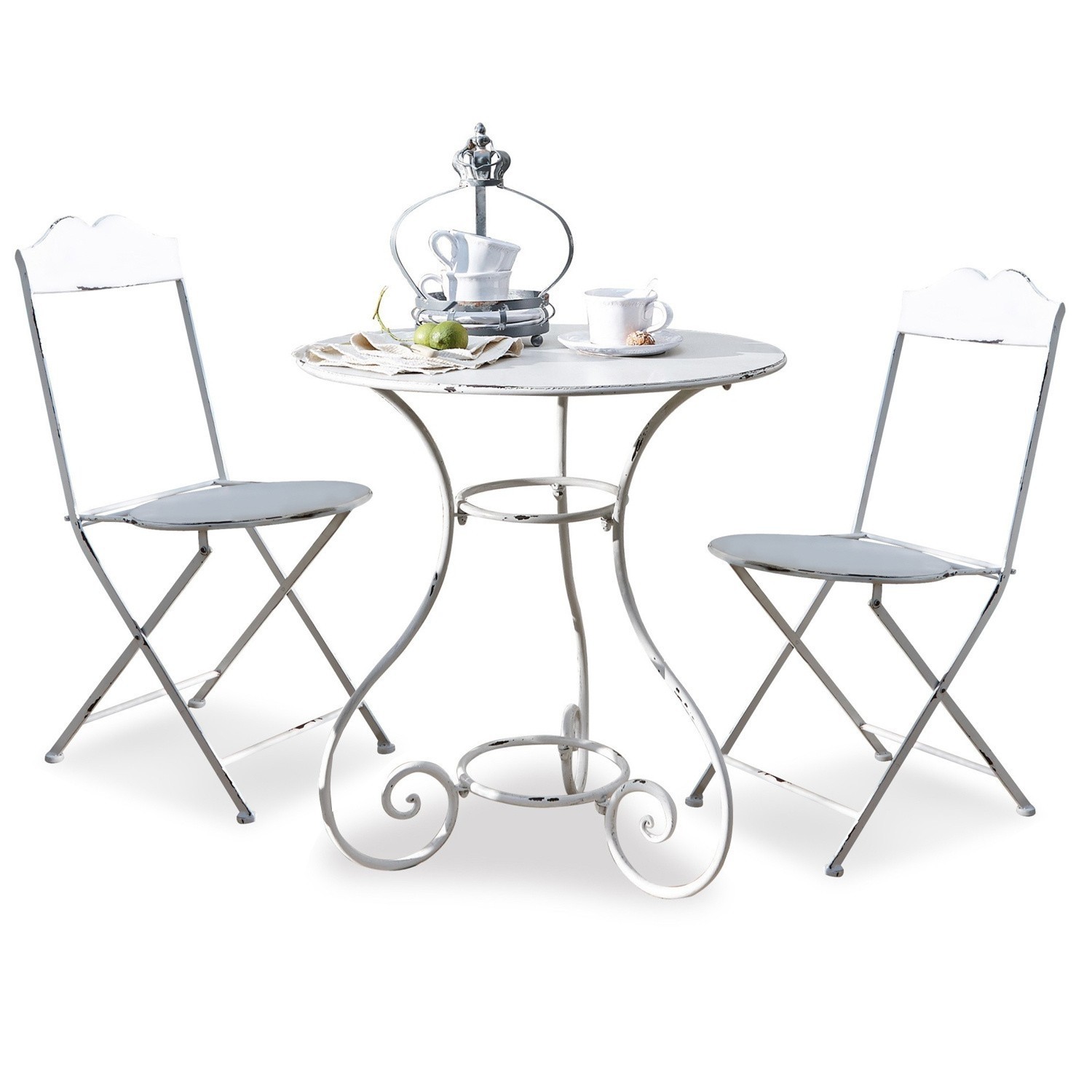 Sitzgruppe Iteuil Weißer Metall-Bistrotisch mit zwei klappbaren Stühlen im Vintage-Stil für Garten oder Balkon
