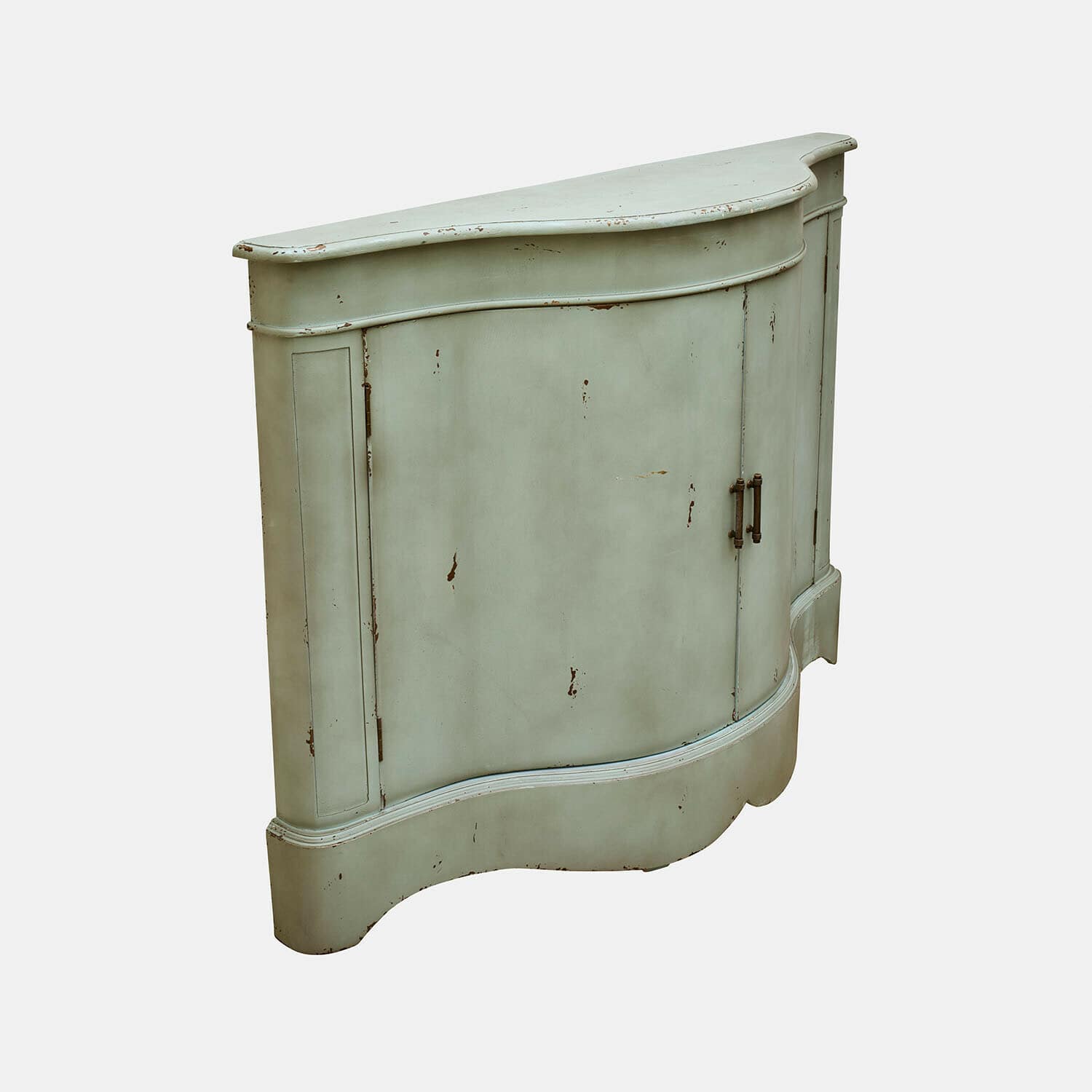 Kommode Valcourie Grüner Holzschrank mit antikem Finish und geschwungenem Frontdesign für stilvolle Aufbewahrung