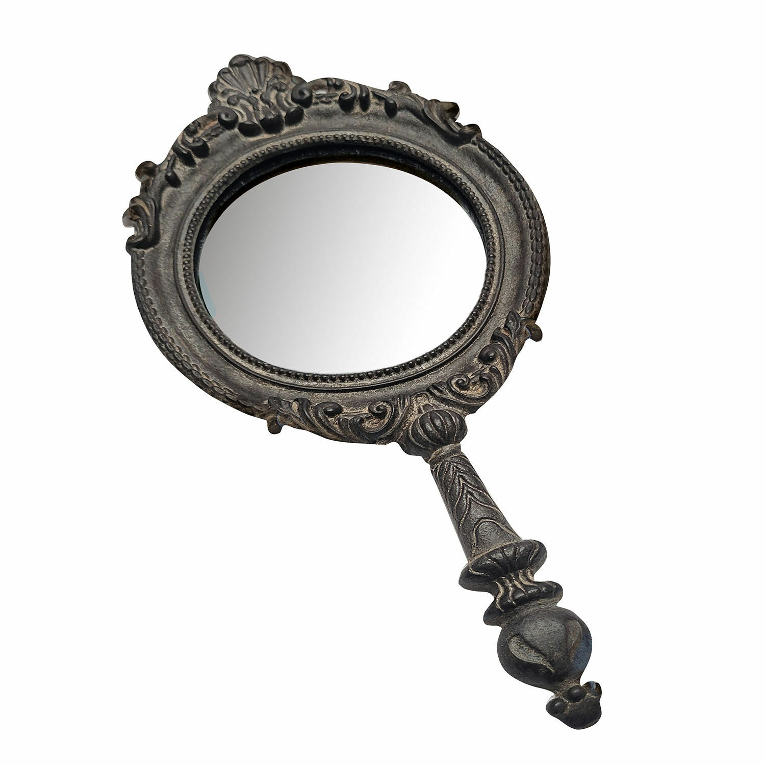 Antiker Handspiegel in antikgrau mit verzierter Metallrahmung für Dekor und Make-up