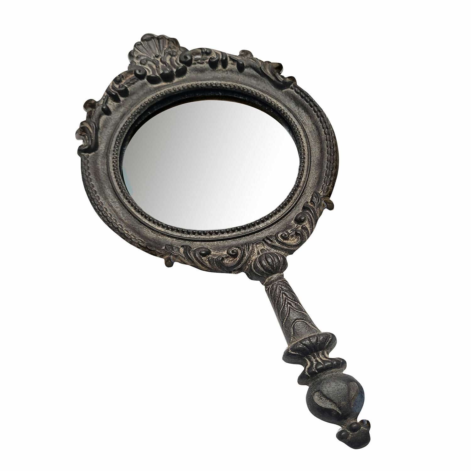 antikgrau Antiker Handspiegel in antikgrau mit verzierter Metallrahmung für Dekor und Make-up