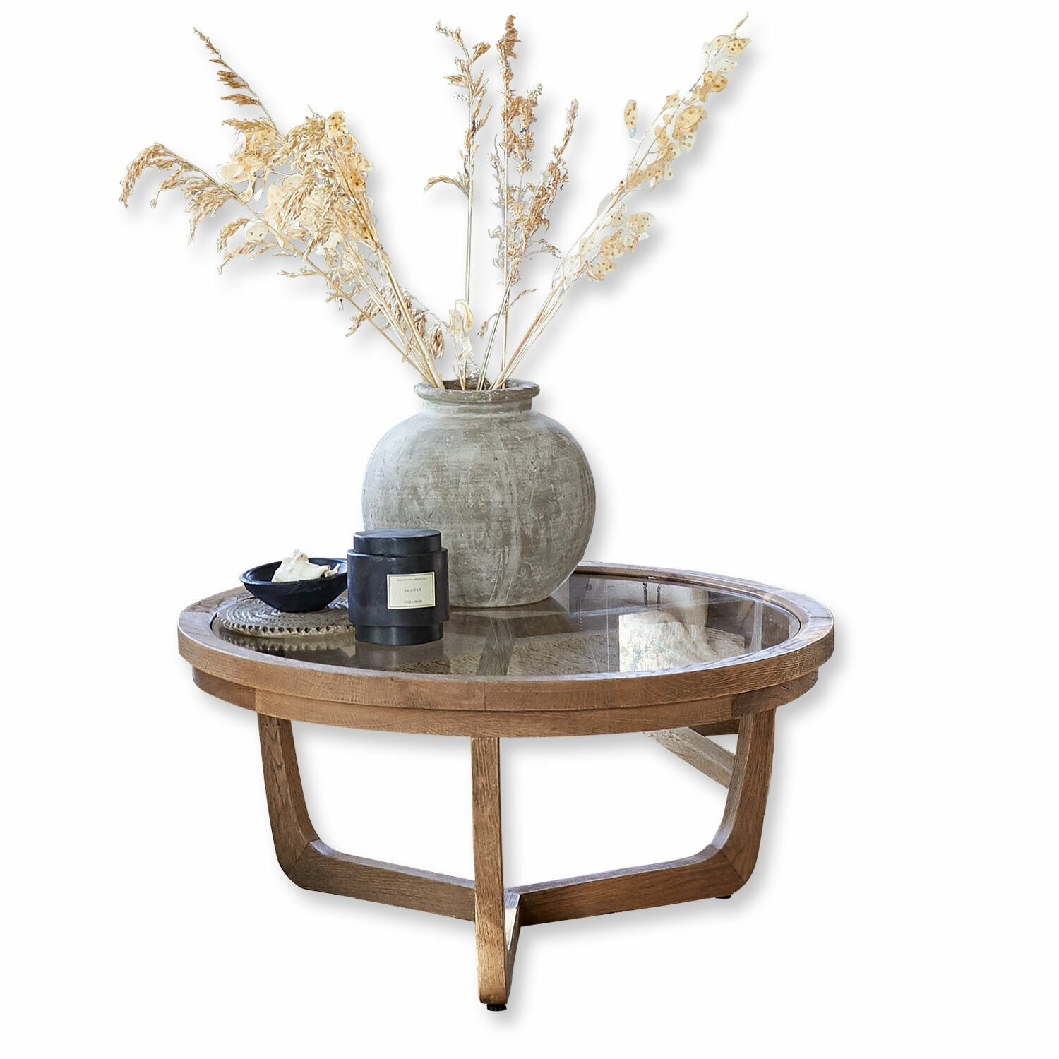 Couchtisch Gradn Enclos Runder Couchtisch aus Holz und Glas mit dekorativem Vase und getrockneten Blumen in Naturtönen