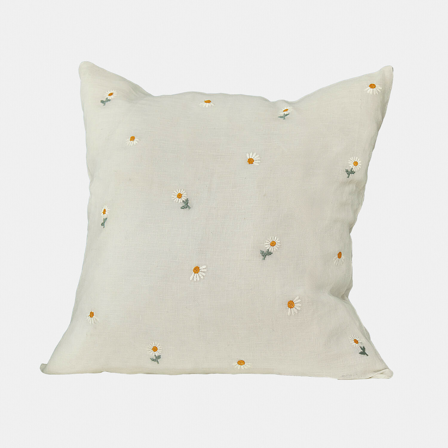 Kissenhülle Poppeline Beige Leinenkissen mit bestickten weißen und gelben Gänseblümchen, dekoratives Wohnaccessoire