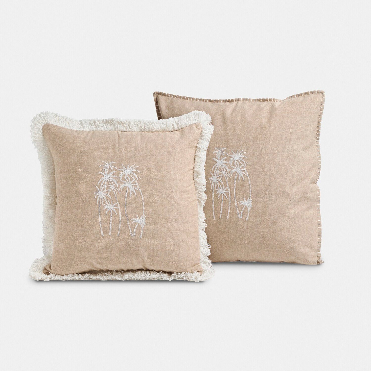 Kissenhülle 2er Set Windlake Beige Dekokissen aus weichem Stoff mit weißer Palmenstickerei und Fransenrand