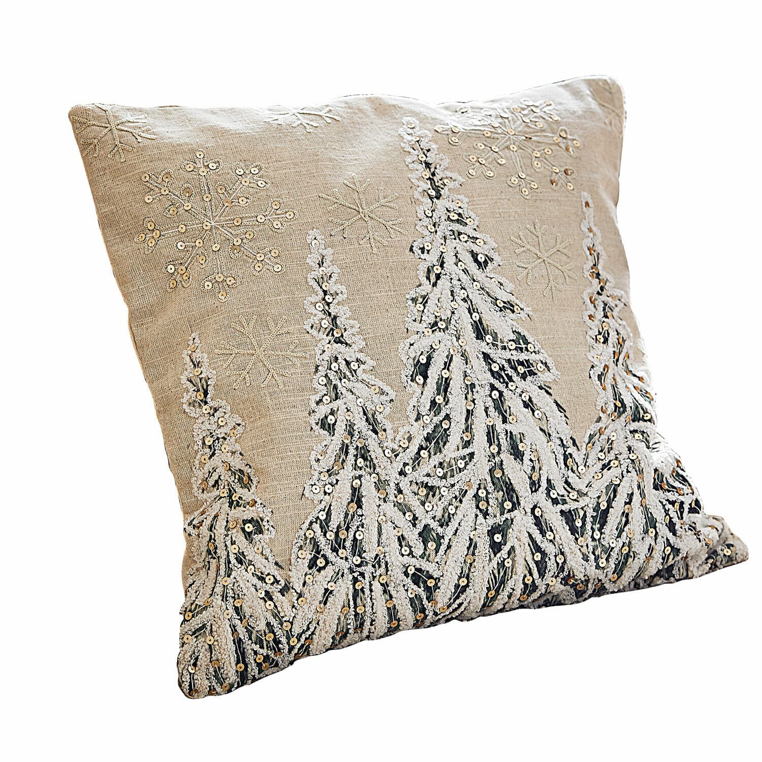 Kissenhülle Cartagne Beige Leinenkissen mit bestickten Schneeflocken und Pailletten-Tannen, winterliche Dekoration