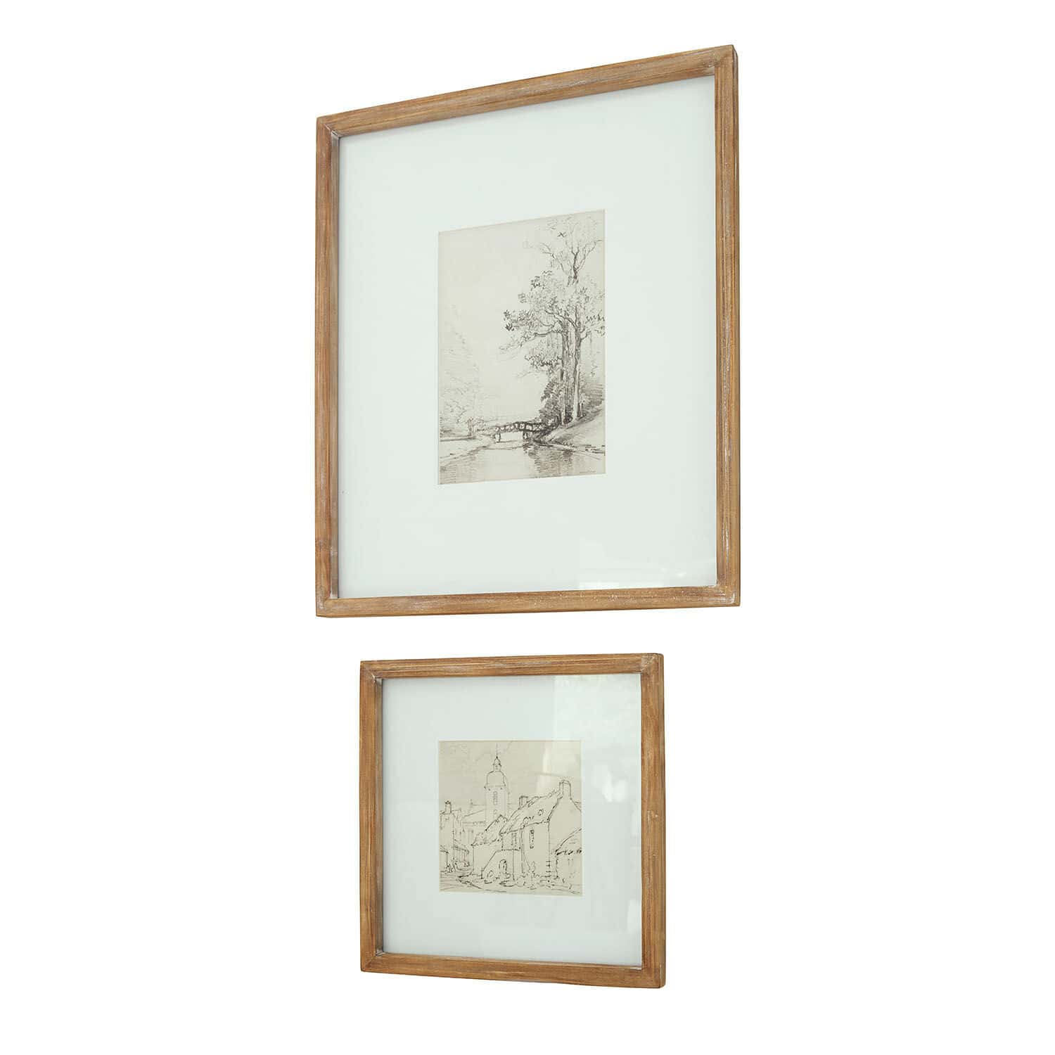 Bild 2er Set Juvarel Zwei Holzrahmen mit weißem Passepartout und Vintage-Skizzen von Landschaften als Wanddeko