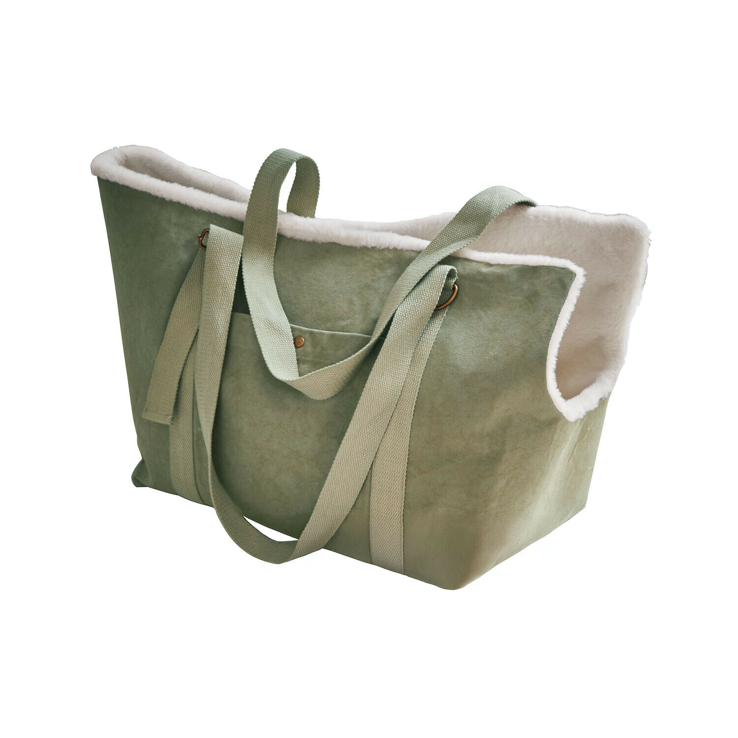 Haustiertasche Lunapet Grüne Tasche aus weichem Material mit weißem Fellbesatz und langen Schulterriemen