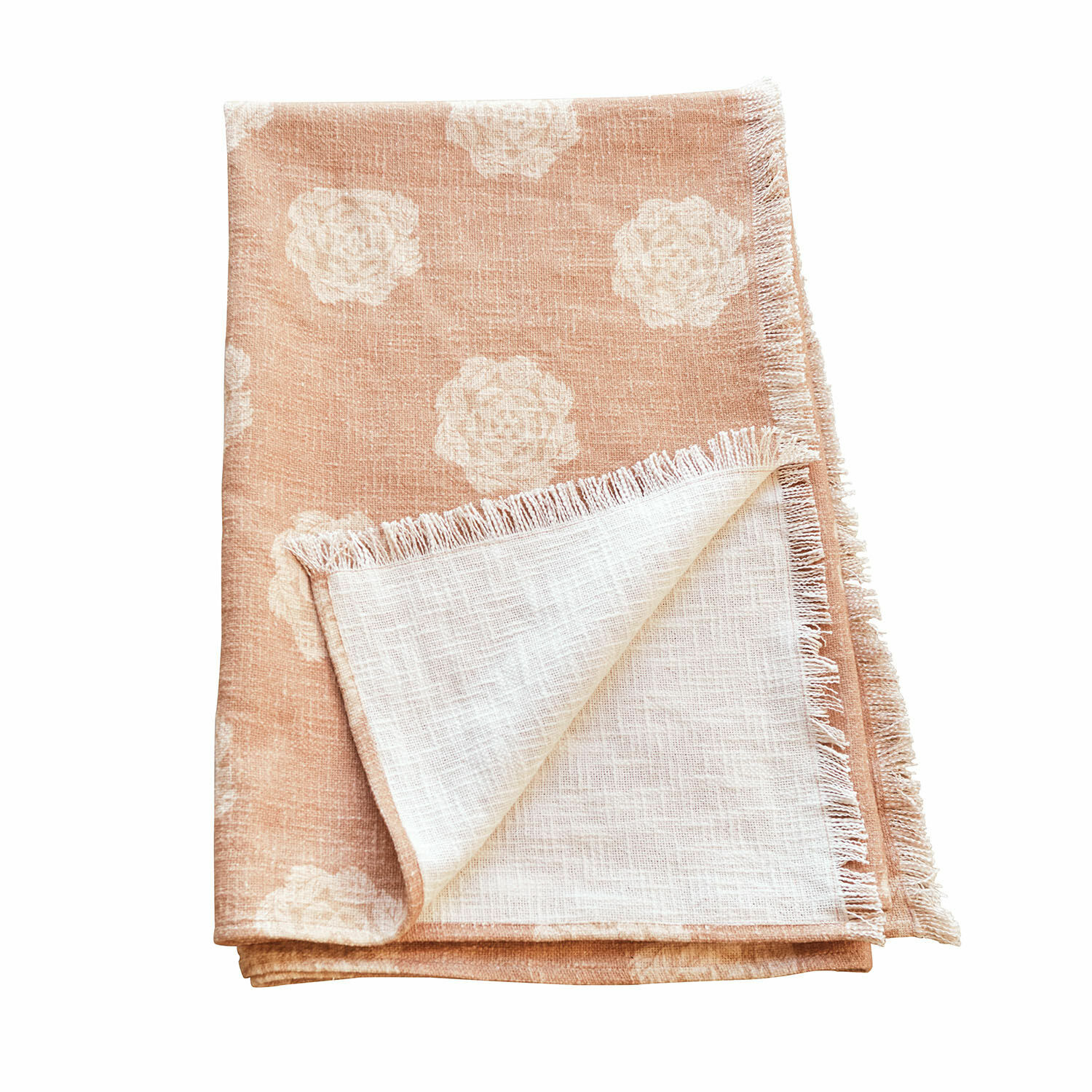 Plaid Belvienne Leinen-Tischdecke in Beige mit weißem Blumenmuster und Fransen, stilvolle Tischdekoration