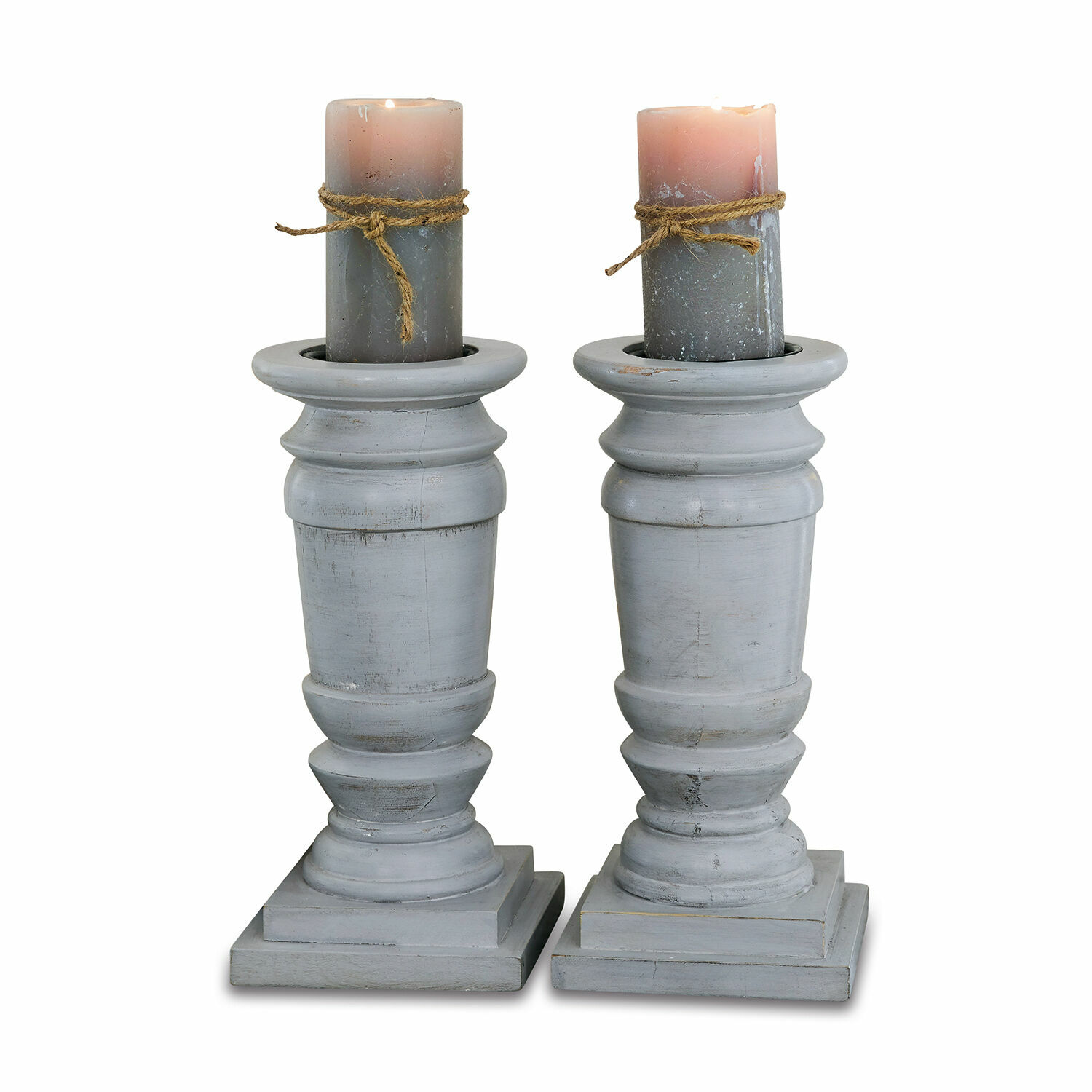 Kerzenständer 2er Set Lobata Paar graue Holzkerzenhalter mit rosa-grauen Kerzen und dekorativem Juteband