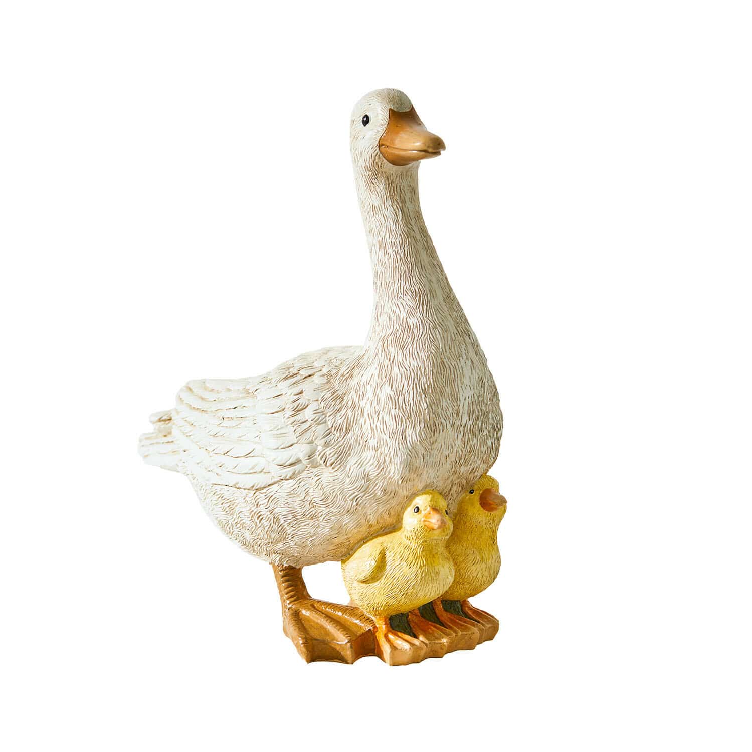 Deko-Gans Sunnyo Dekofigur aus Kunststoff einer weißen Ente mit zwei gelben Küken, Gartendekoration