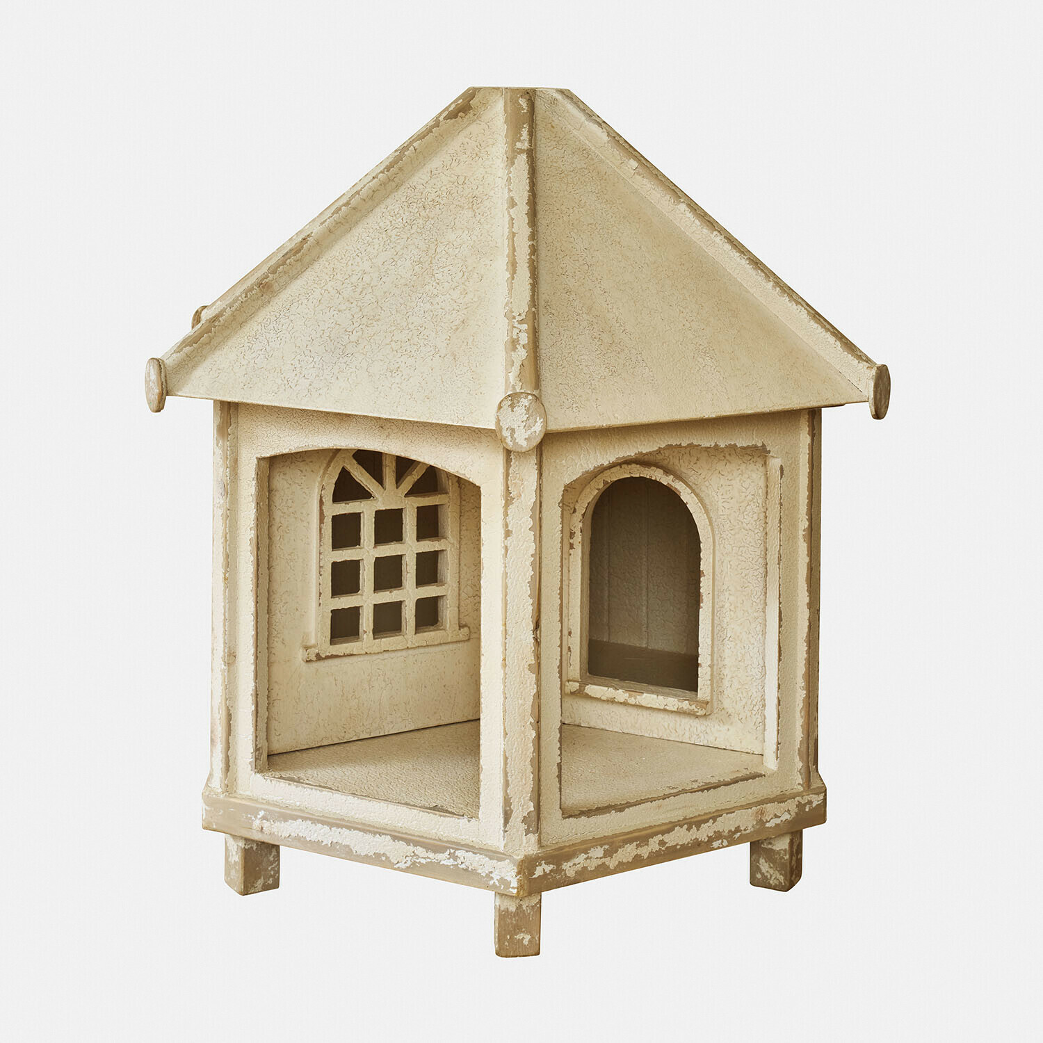 Beige Metall-Gartenlaterne in Hausform mit Fenstern und Dach, dekorative Außenbeleuchtung