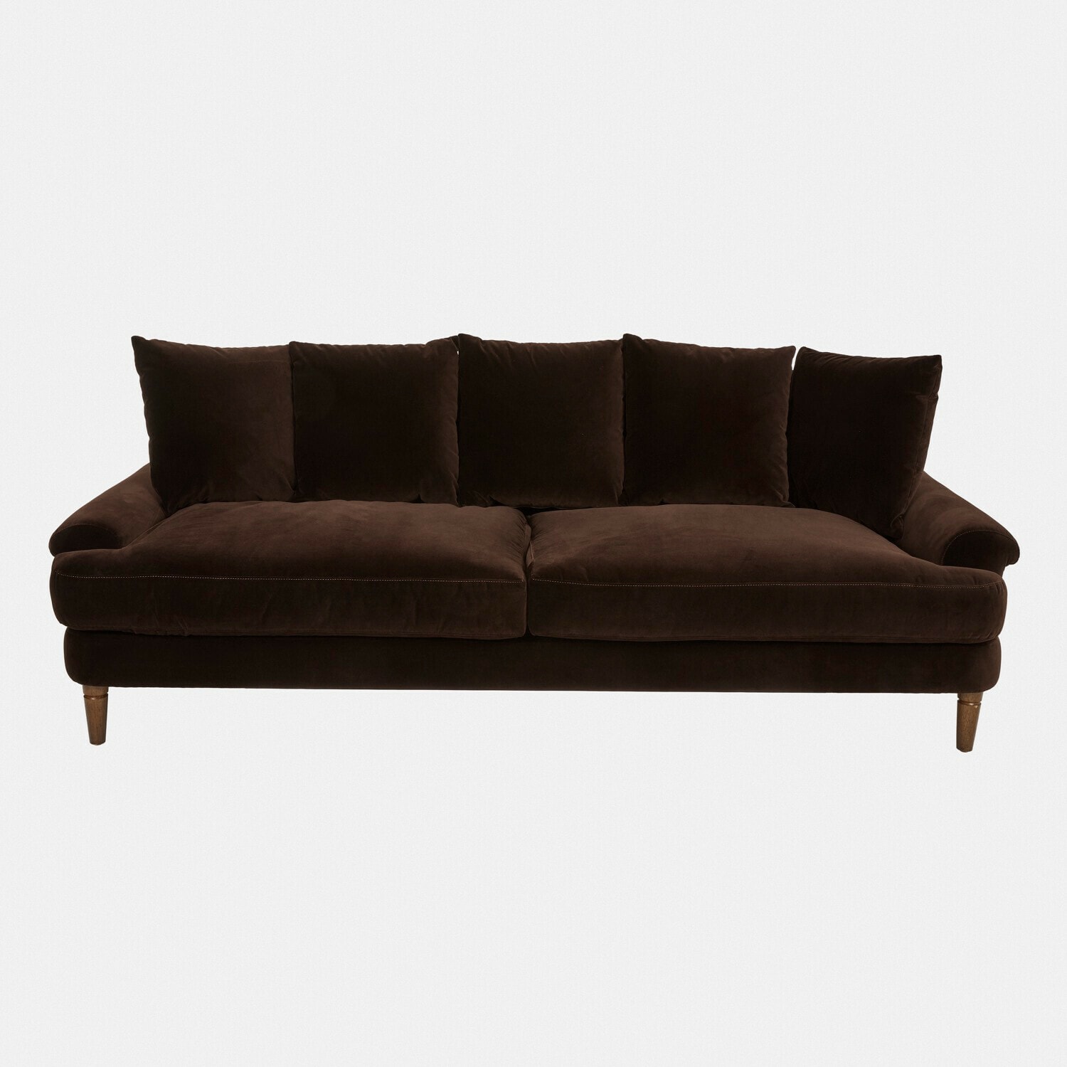 Braunes Samtsofa mit Kissen und Holzbeinen, bequemes Wohnzimmermöbel mit elegantem Design