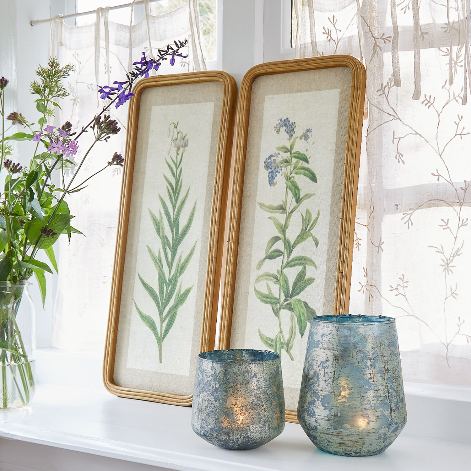 Zwei Bilderrahmen mit botanischen Illustrationen und blaue Glaswindlichter auf Fensterbank mit Vorhängen