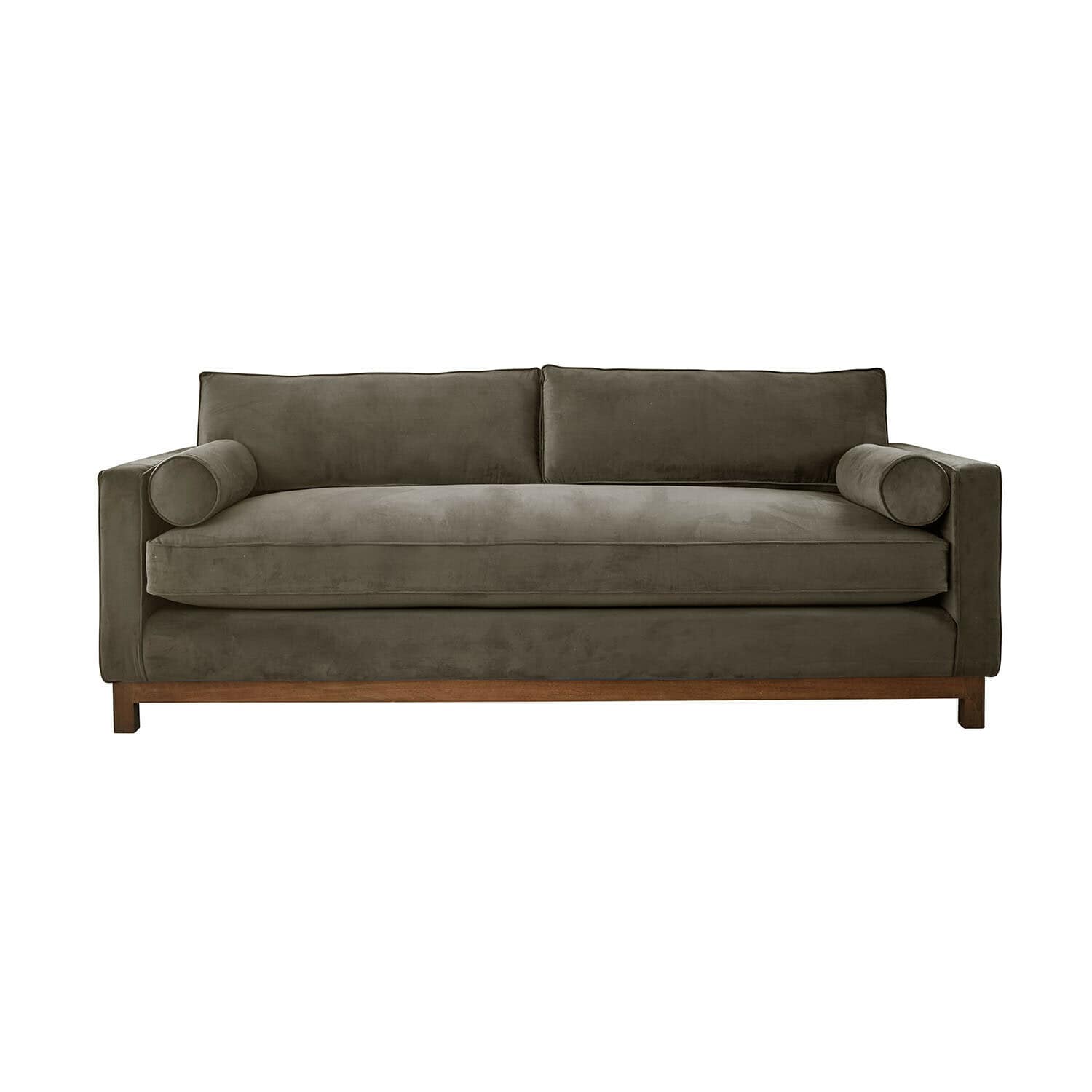 Sofa Langbridge mit grünem Samtbezug und Holzsockel, komfortables Wohnzimmermöbel