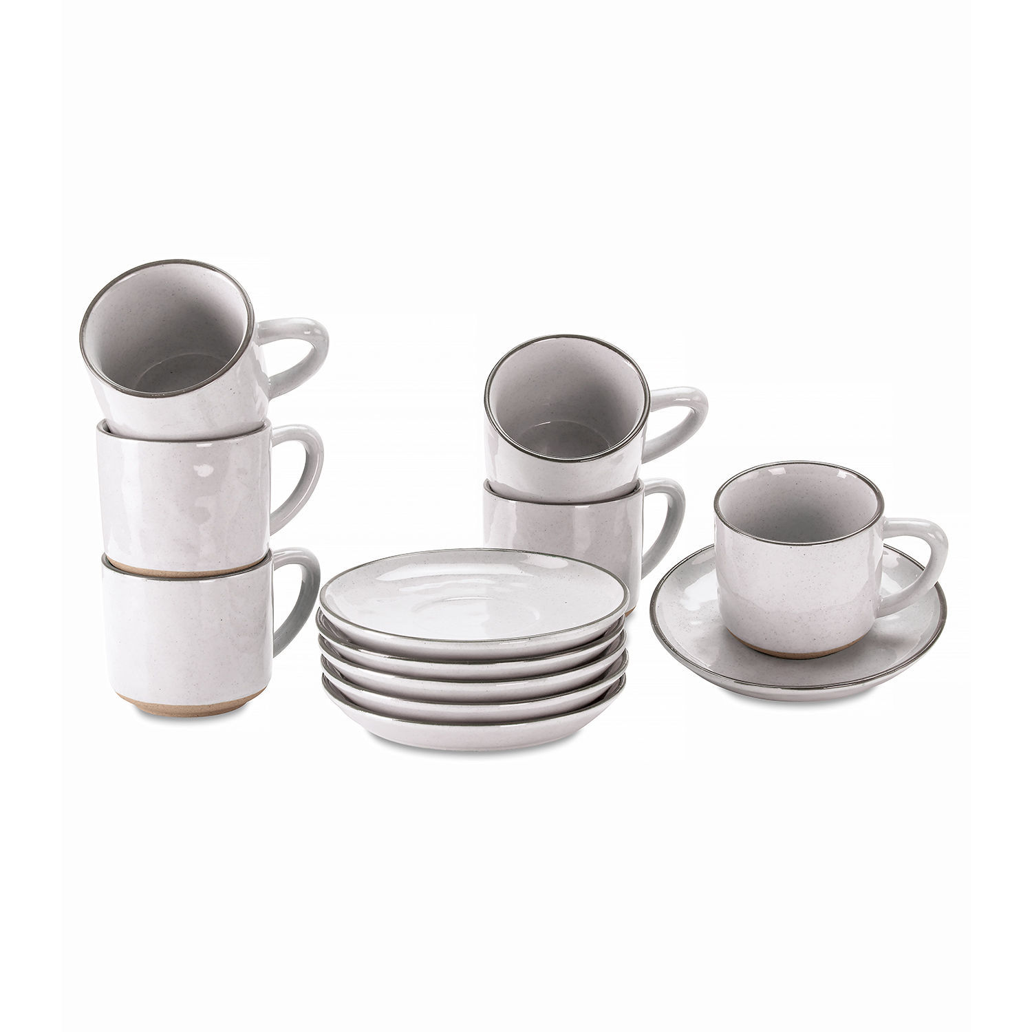 Tasse mit Untertasse 6er Set Biarré Set aus weißen Keramiktassen und Untertellern mit feinem grauem Rand für Kaffee und Tee