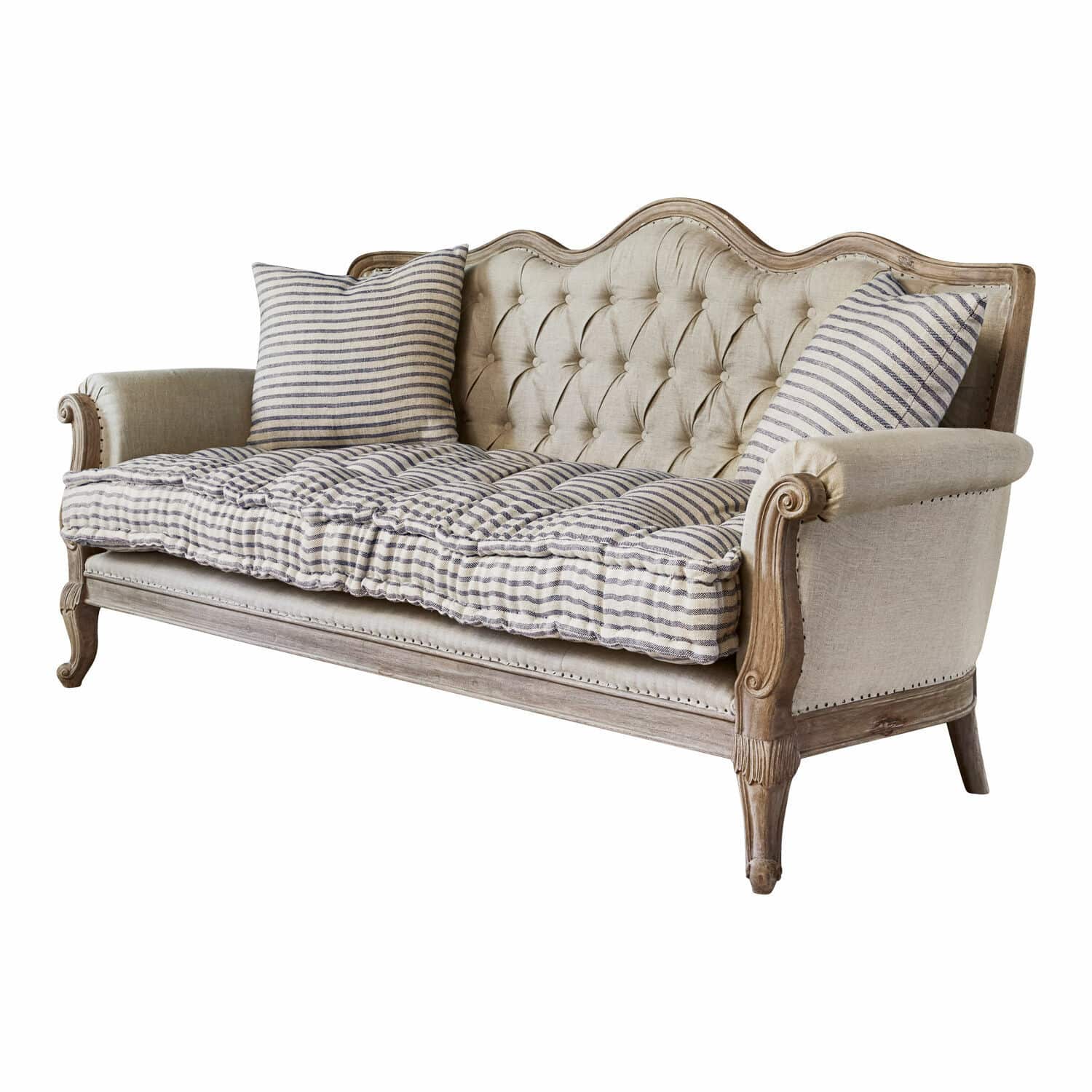 Sofa Malabon Vintage Sofa mit Holzrahmen und beiger Polsterung, gestreifte Kissen für Wohnzimmer