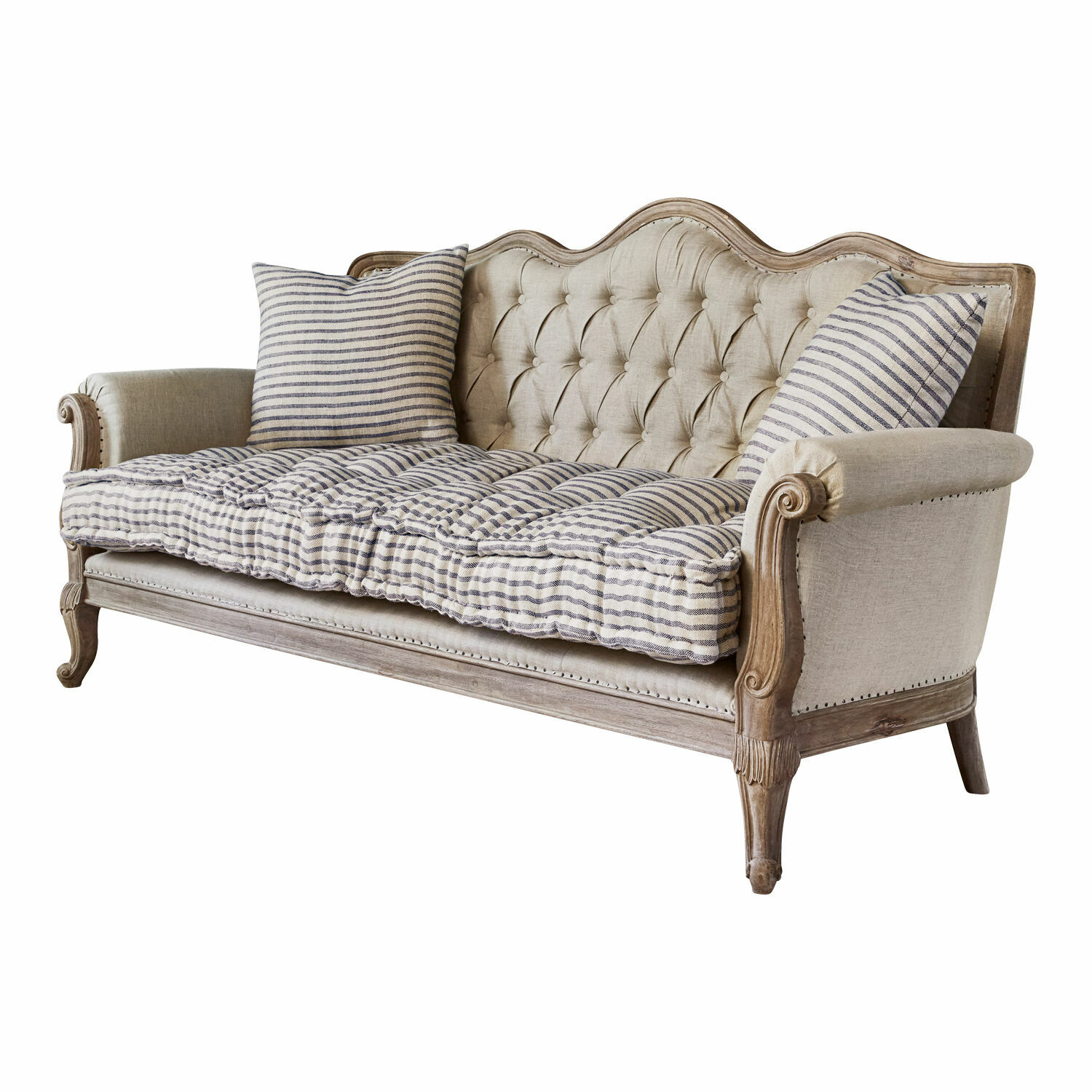 Sofa Malabon Vintage Sofa mit Holzrahmen und beiger Polsterung, gestreifte Kissen für Wohnzimmer