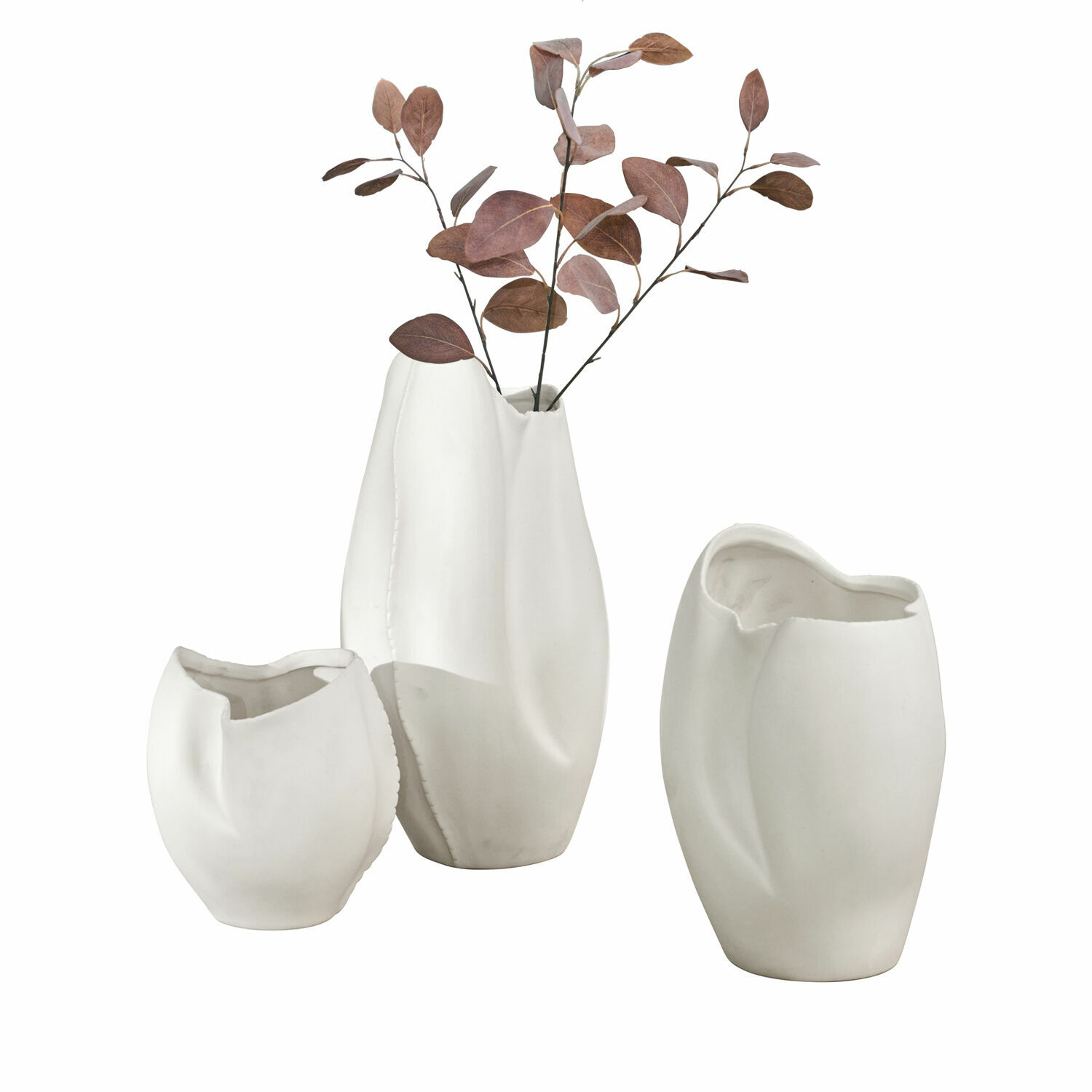 Vase 3er Set Kazimad Set aus drei weißen Keramikvasen mit unregelmäßiger Form für stilvolle Wohnraumdekoration