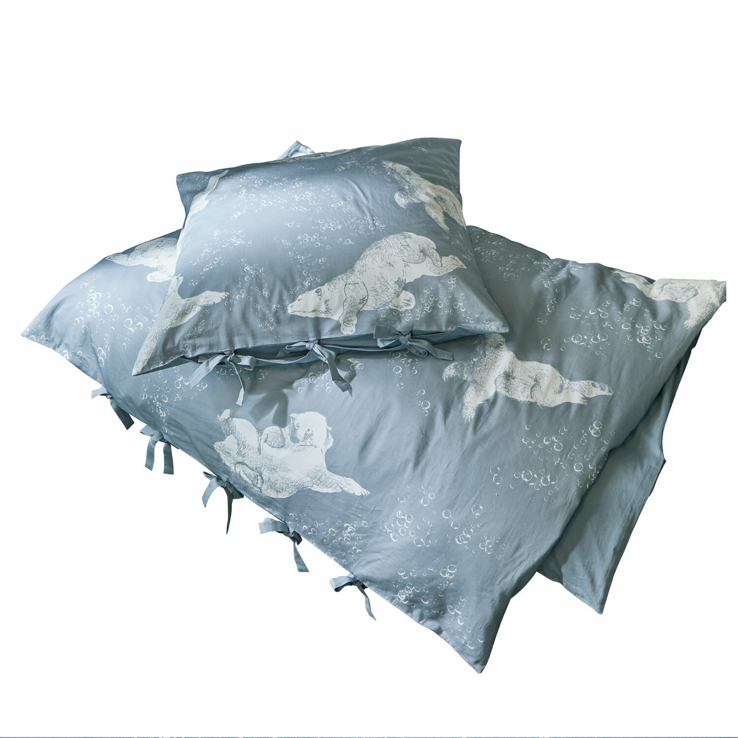 Bettwäsche Hugo Blaue Baumwoll-Bettwäsche mit weißen Eisbärmotiven und Bindebändern, dekorativ und gemütlich
