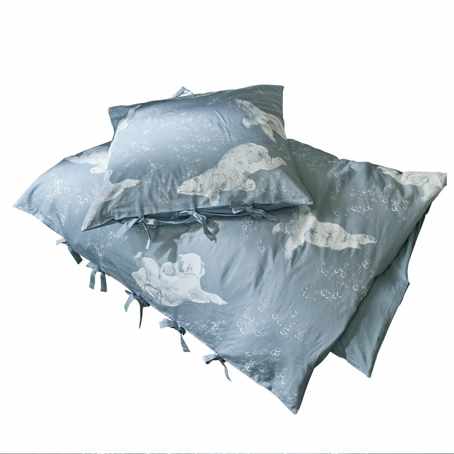 Bettwäsche Hugo Blaue Baumwoll-Bettwäsche mit weißen Eisbärmotiven und Bindebändern, dekorativ und gemütlich