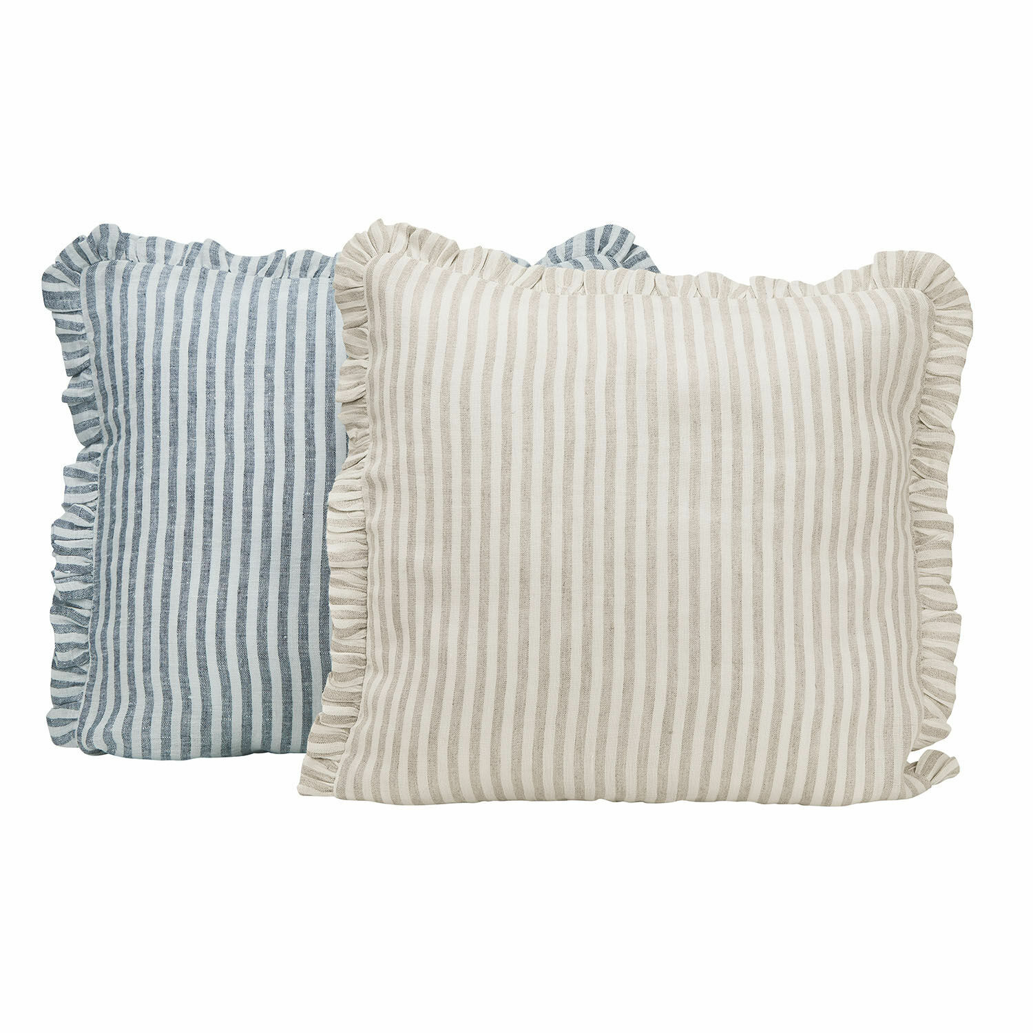 Kissenhülle 2er Set Brenda Set aus zwei gestreiften Leinenkissen mit Rüschen in Beige und Blau für stilvolle Wohnakzente