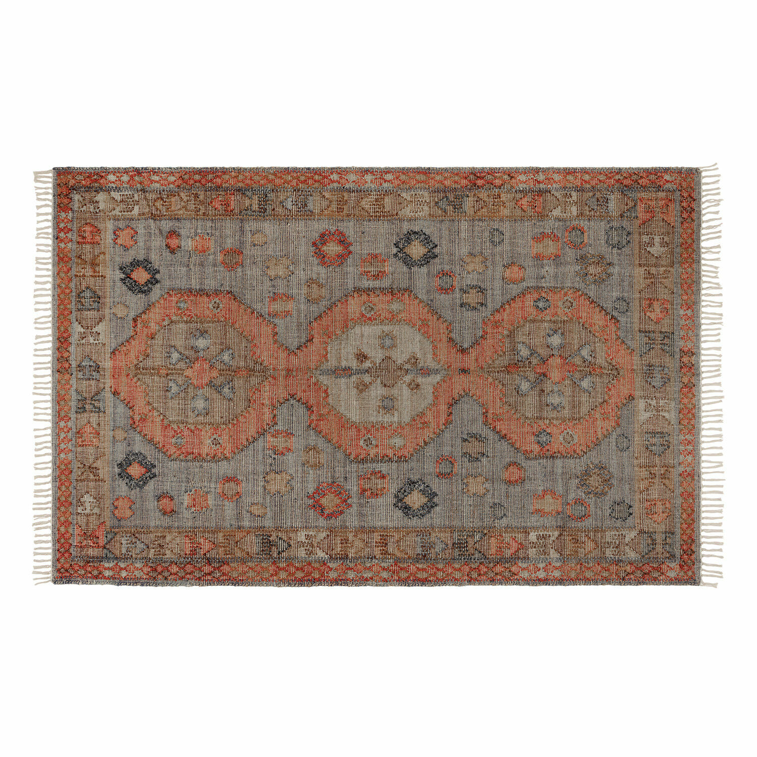 Teppich Exeter Vintage Teppich mit grauen und orangefarbenen Mustern und Fransen an den Seiten