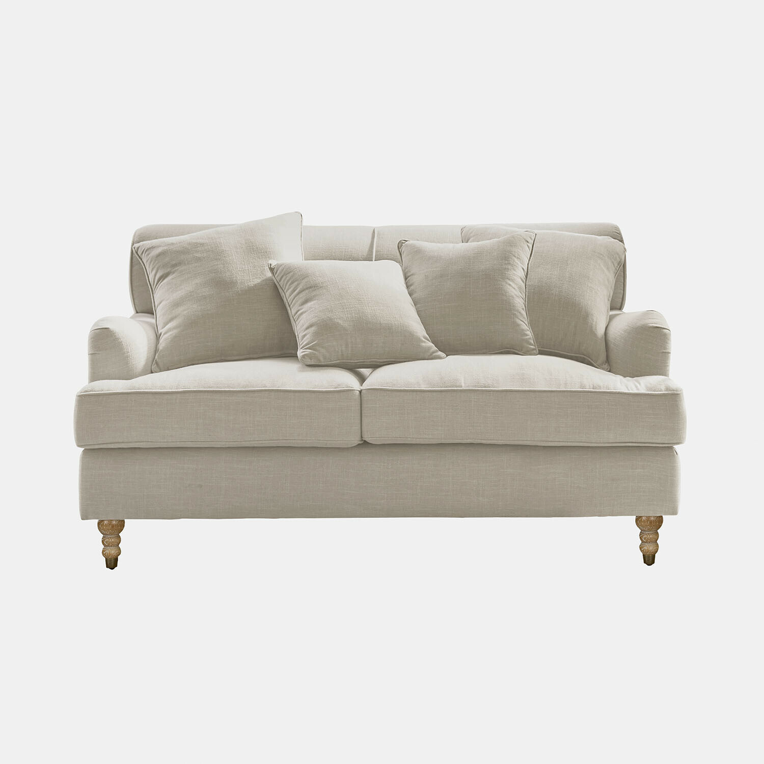 Sofa Isa aus beigem Leinen mit Kissen und Holzbeinen, bequemes Wohnzimmermöbel