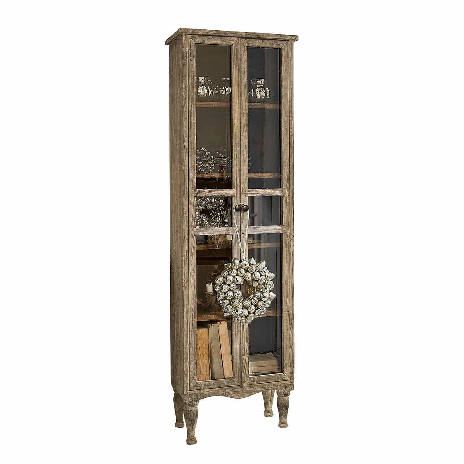 Schrank Covent Garden Schmale Holzvitrine mit Glastüren und dekorativem Kranz, rustikales Wohnzimmermöbel