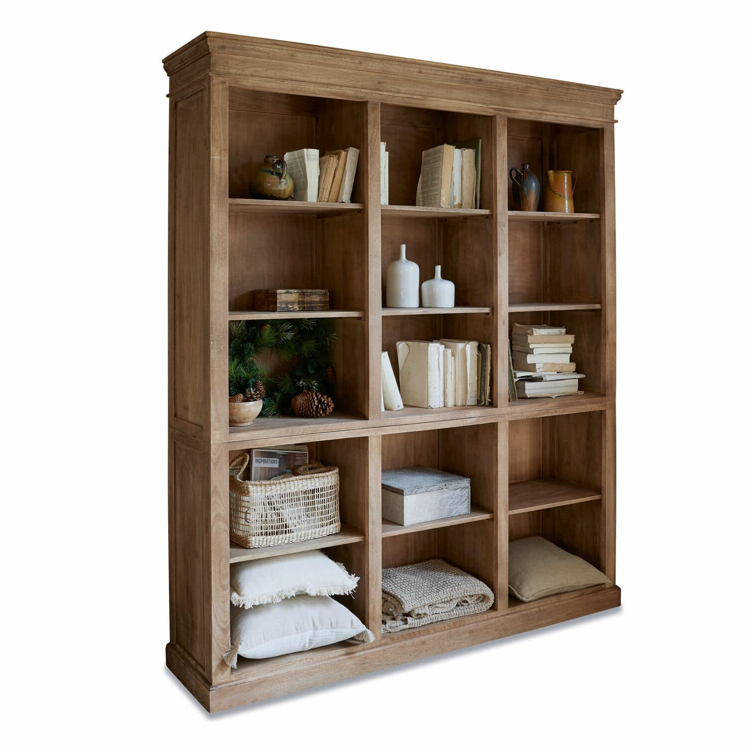 Regal Alamoni Großes Bücherregal aus Holz in Naturfarbe mit neun Fächern, Dekorationen und Büchern, Wohnzimmermöbel