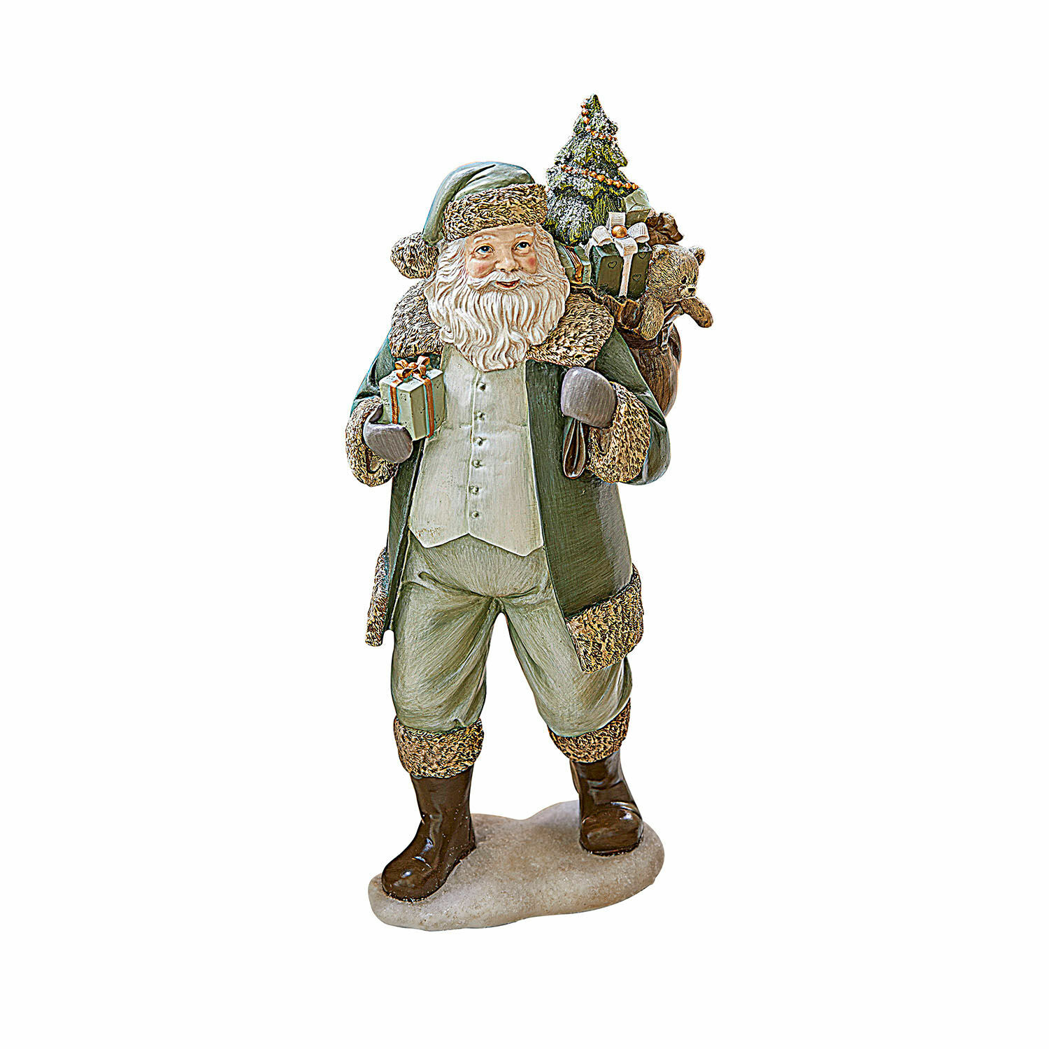 Deko-Weihnachtsmann Douilly Weihnachtsmannfigur in grünem Mantel mit Geschenken und Teddybär auf dem Rücken, Weihnachtsdeko