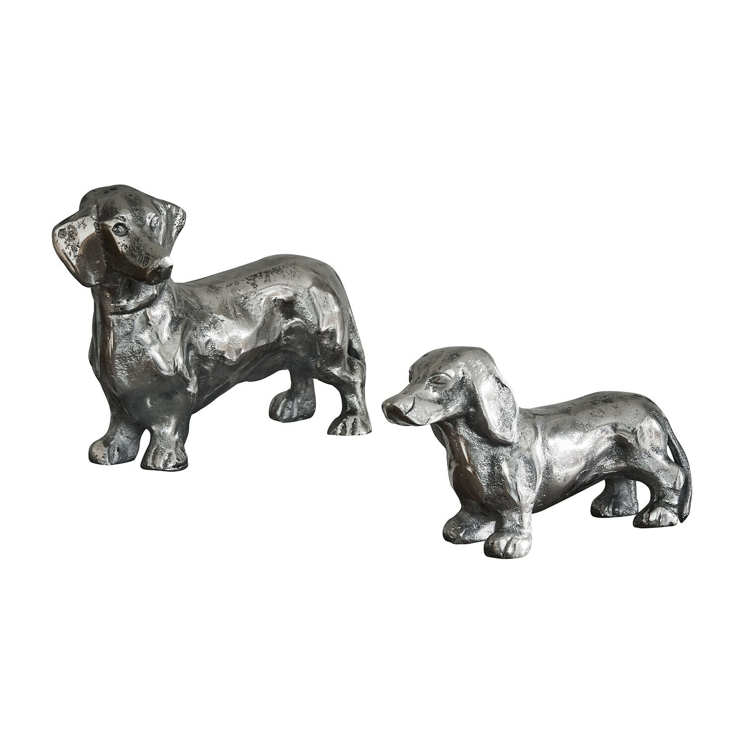 Deko-Hund 2er Set Calwen Zwei silberne Dackel-Figuren aus Metall, Innendekoration mit Hundemotiv, Tischdekoration