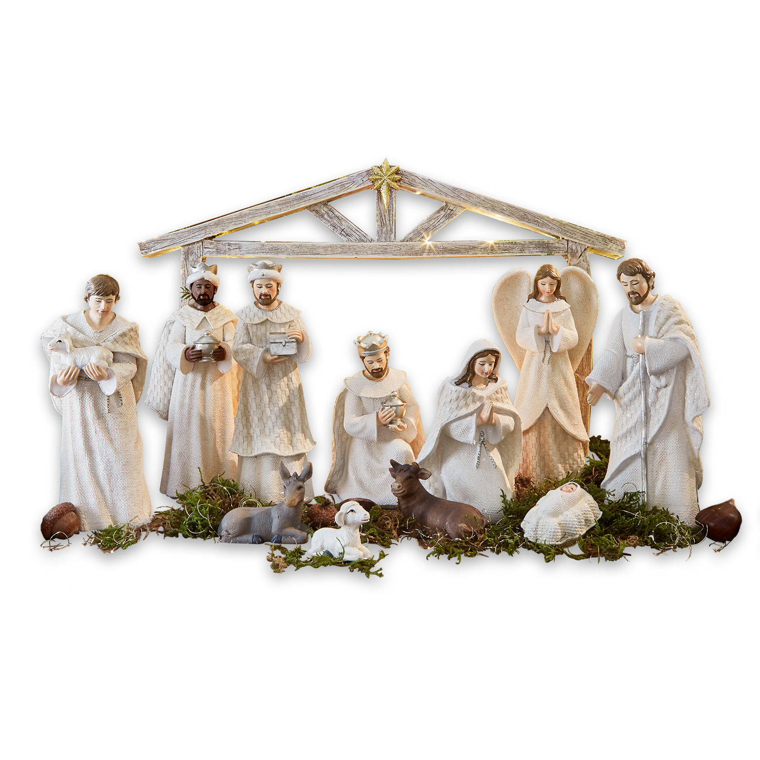 Krippenfiguren 12er Set Santo Weißes Krippenfiguren-Set aus Holz und Stoff mit LED-Beleuchtung für Weihnachten