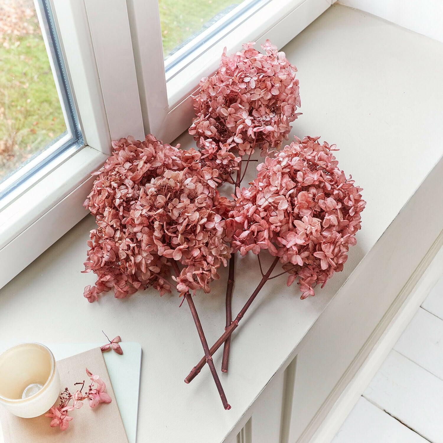 Trockenblume 3er Set Amélorie Getrocknete rosa Hortensienblüten auf weißem Fensterbrett als Wohnaccessoire