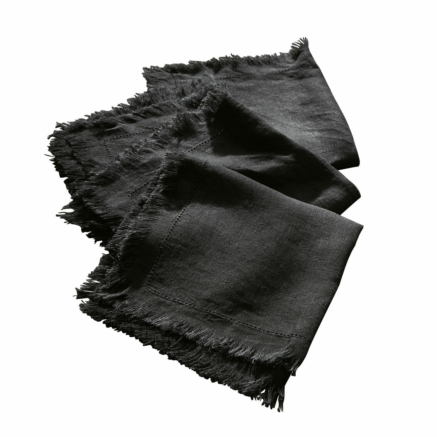 Serviette 4er Set Pibrac Schwarze Leinenserviette mit Fransen, dekoratives Tischaccessoire aus Naturmaterial