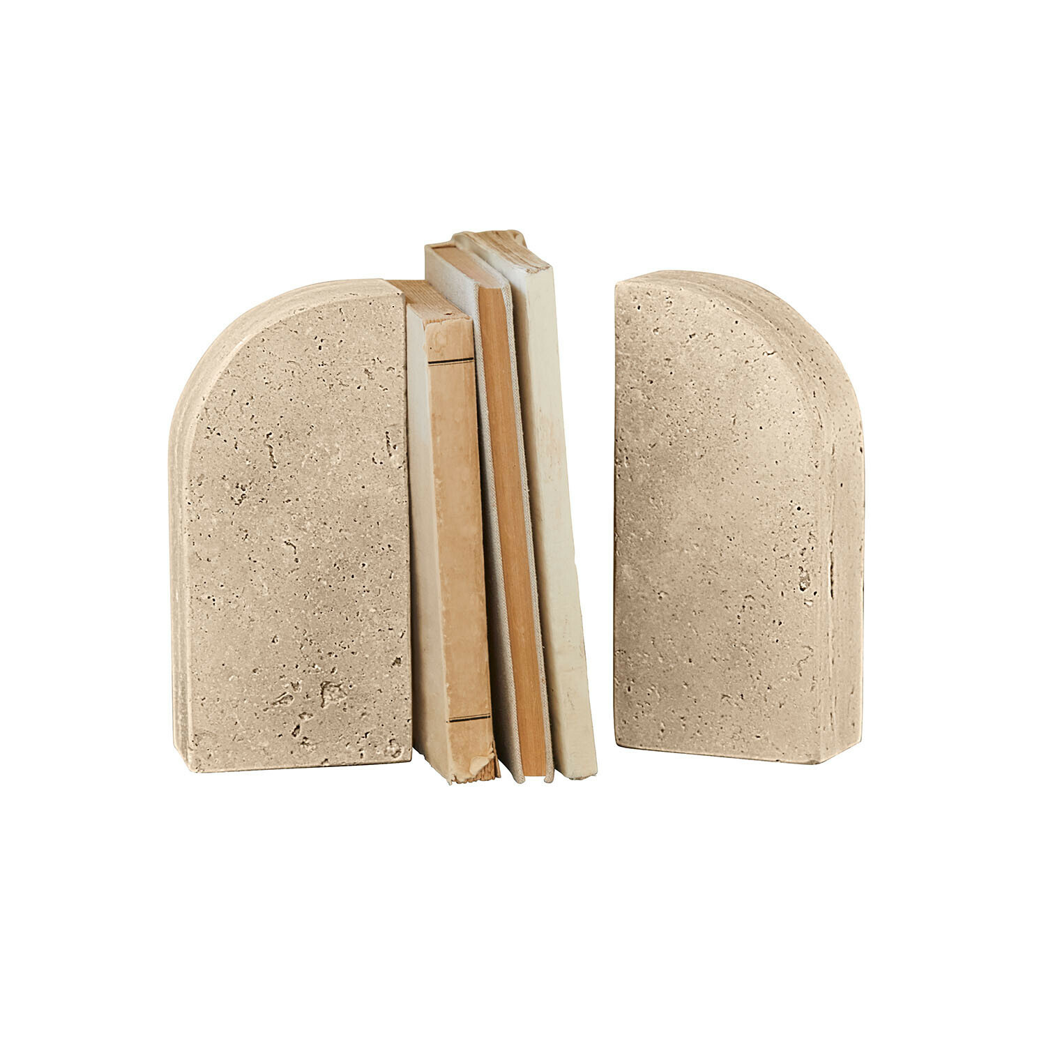 Paar beige Buchstützen aus Stein, ideal zur Dekoration und Organisation von Regalen
