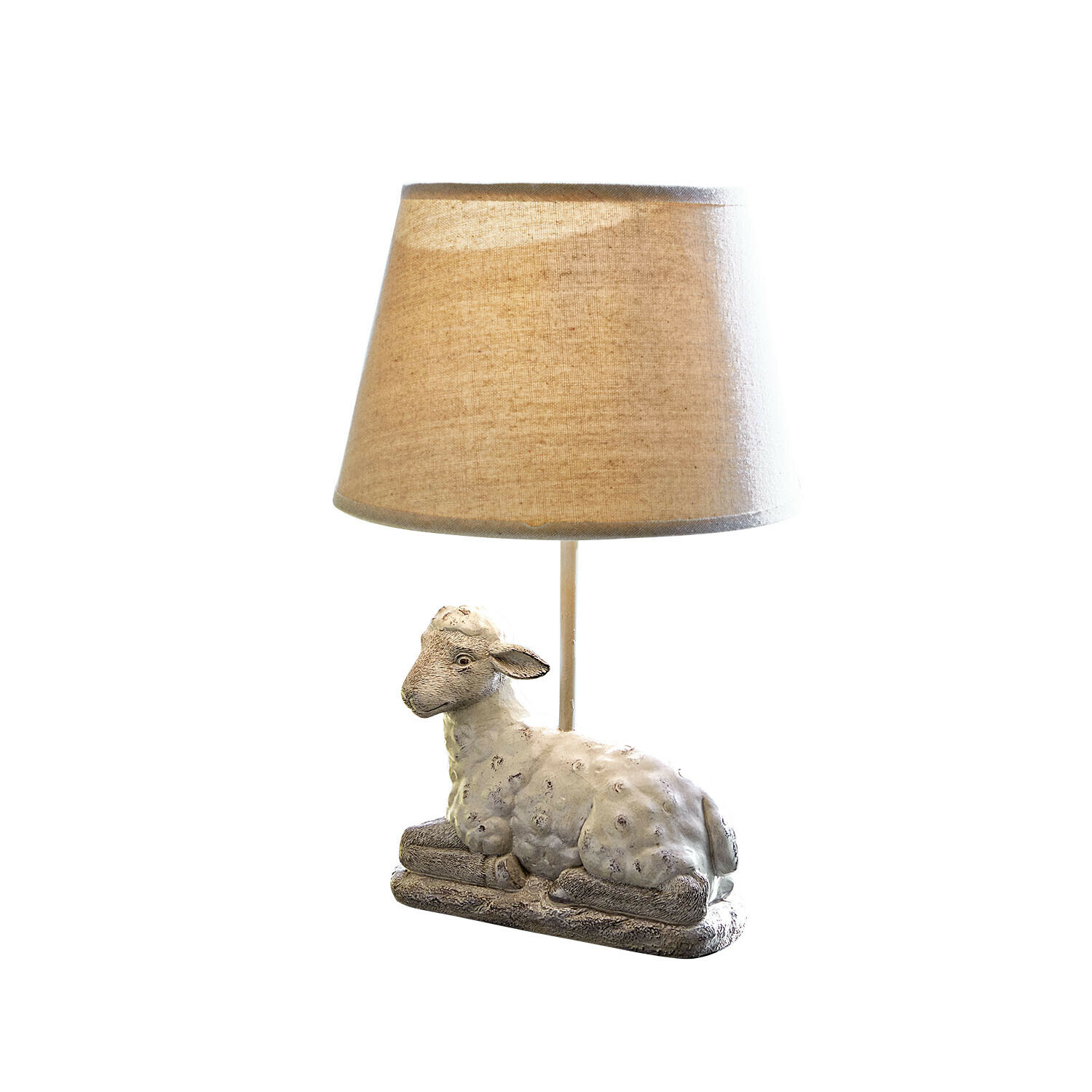 Tischlampe Séverac Tischlampe mit beigem Stoffschirm und liegendem Schaf als dekorative Basis aus Kunststein