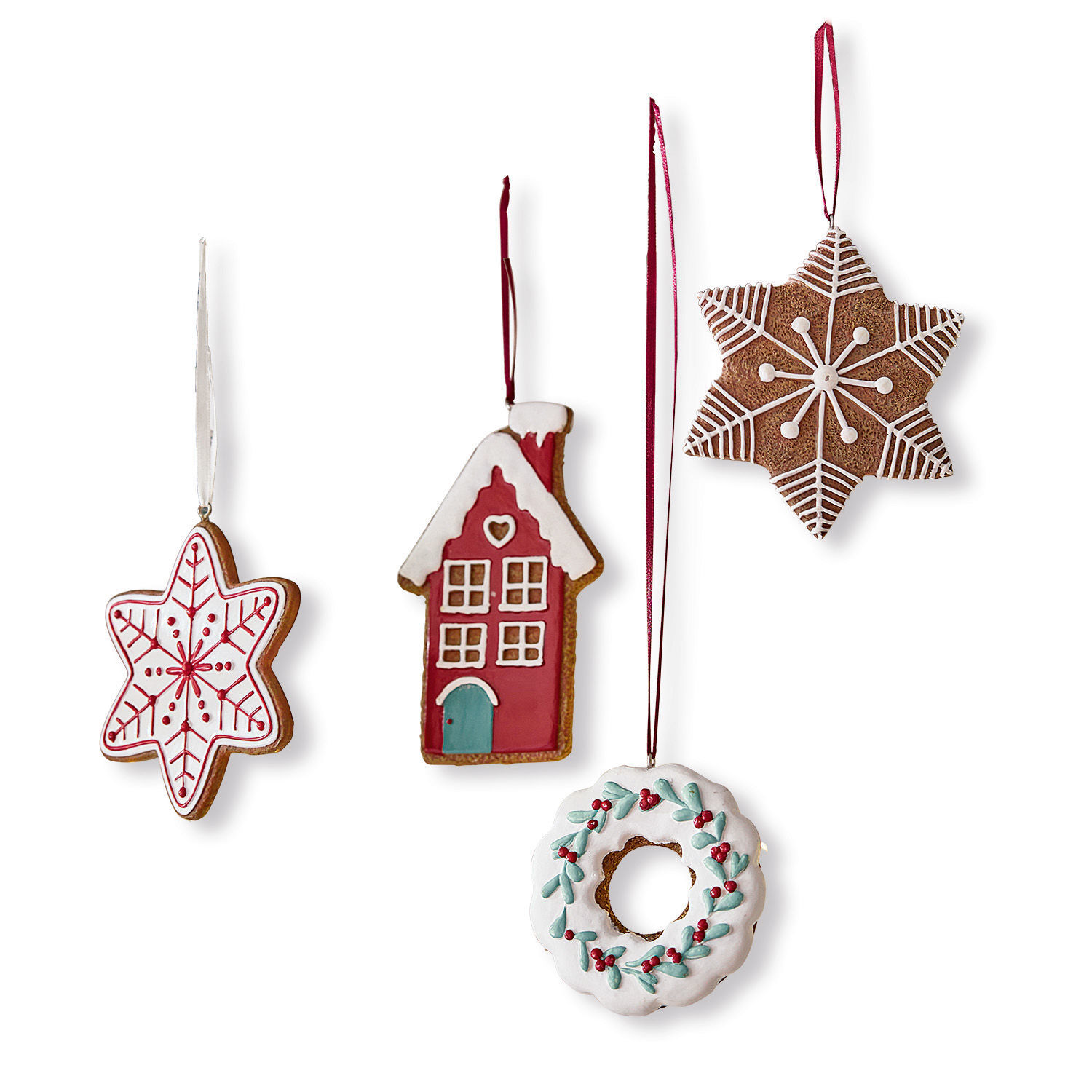Anhänger 4er Set Hestur Set aus vier Lebkuchen-Weihnachtsanhängern mit weißem und rotem Zuckerguss für Christbaum