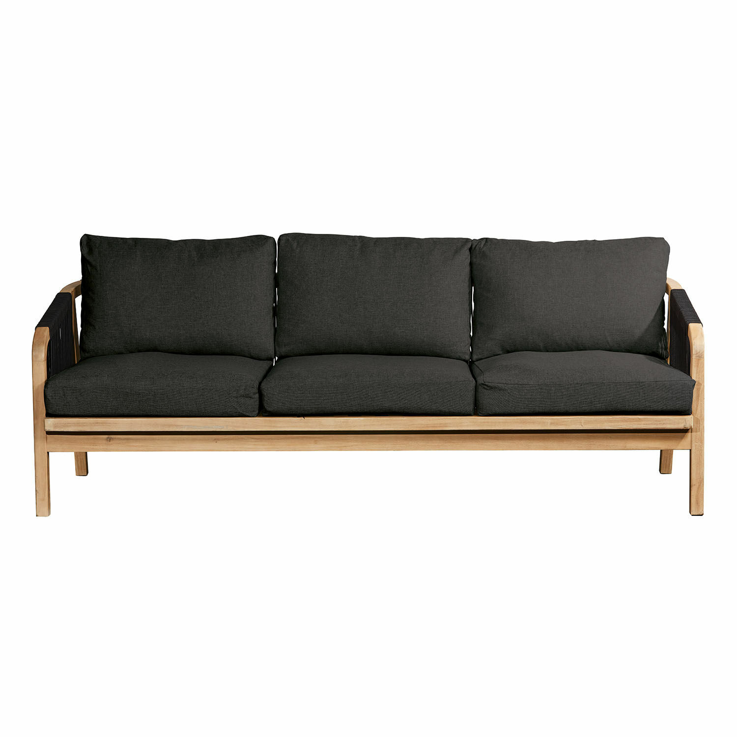 Dreisitziges Shreveport Sofa aus FSC-Holz in Braun mit anthrazitfarbenen Stoffkissen