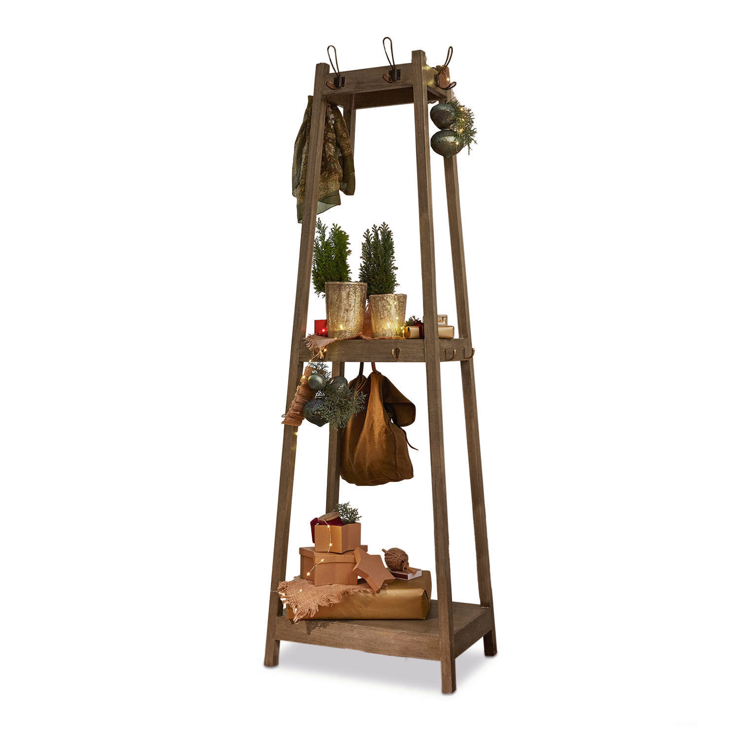 Braune Garderobe Josefin aus Holz mit Haken und Ablagen für Kleidung und Weihnachtsdeko