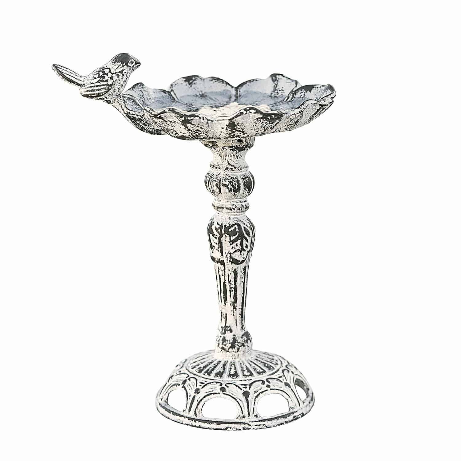 Vogeltränke Petrofani Weißes Metallschälchen auf Ständer mit dekorativem Vogel, Gartenaccessoire im Used-Look