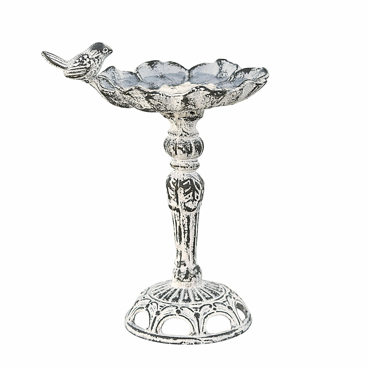 Vogeltränke Petrofani Weißes Metallschälchen auf Ständer mit dekorativem Vogel, Gartenaccessoire im Used-Look