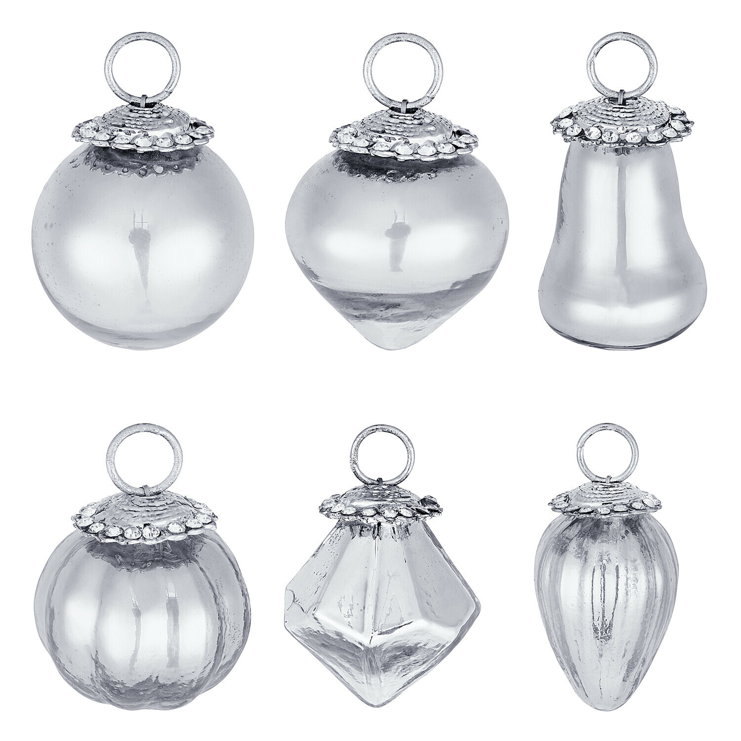Weihnachtsschmuck 6er Set Levier Set aus sechs transparenten Glas-Weihnachtsanhängern in verschiedenen Formen mit Metallösen