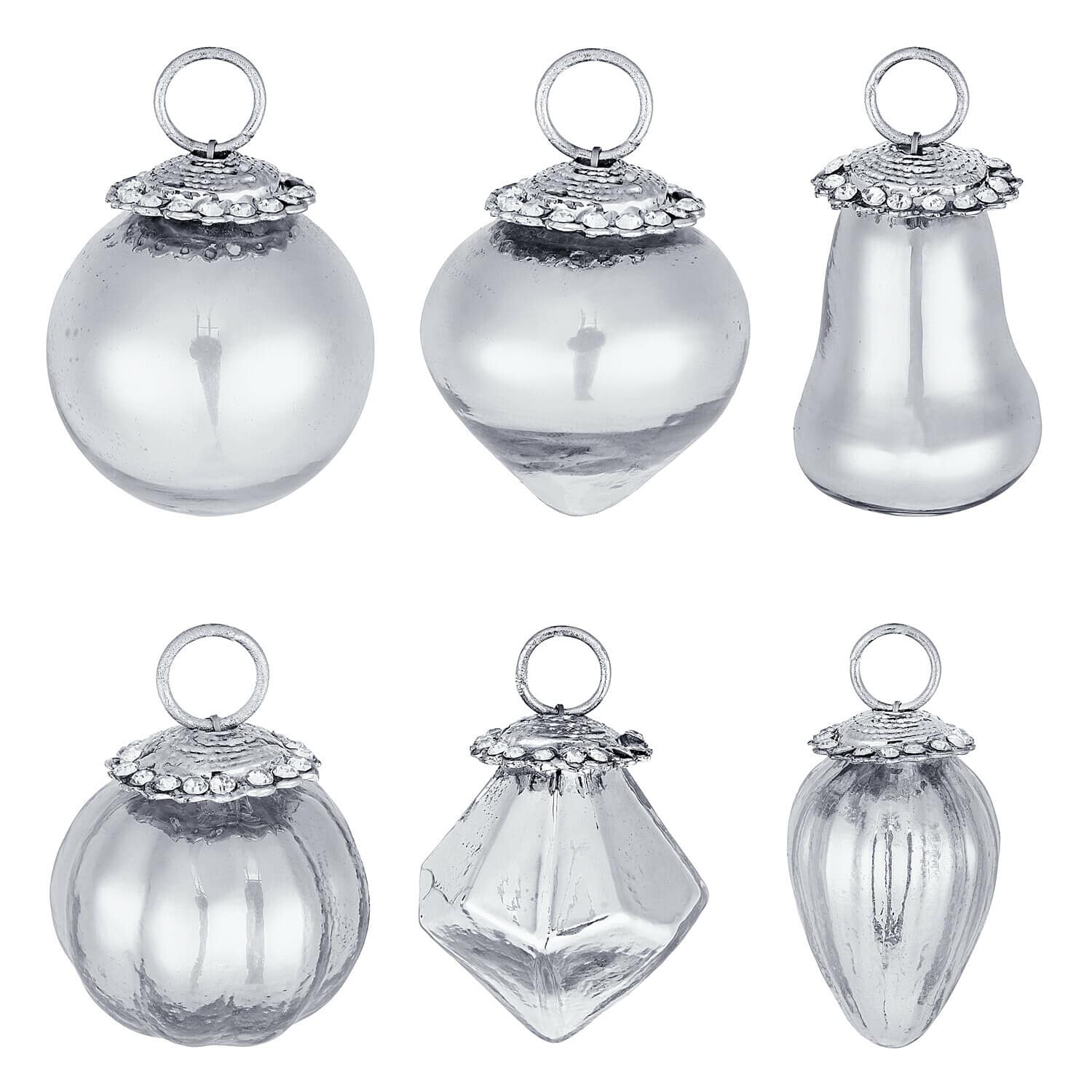 Weihnachtsschmuck 6er Set Levier Set aus sechs transparenten Glas-Weihnachtsanhängern in verschiedenen Formen mit Metallösen